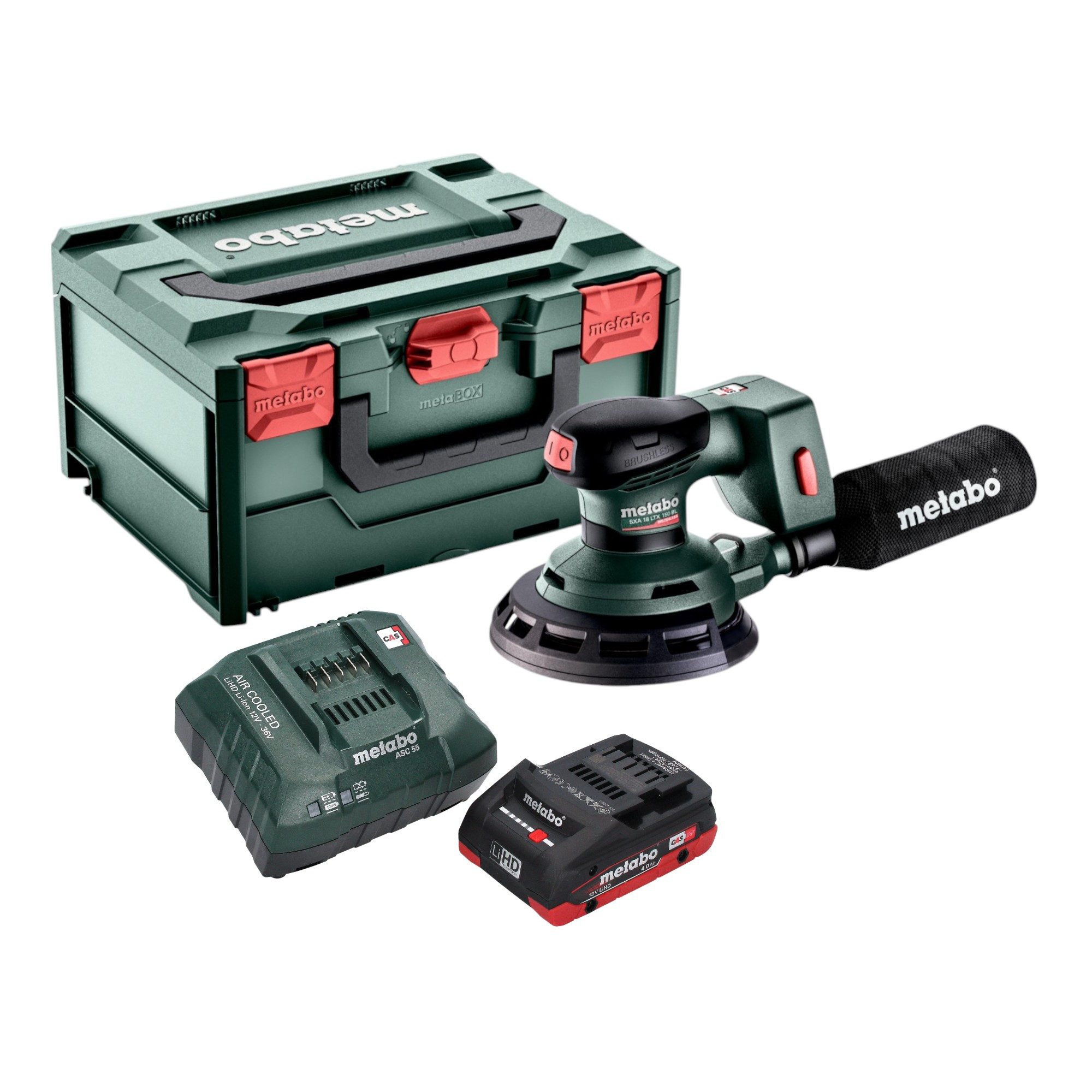 metabo Akku-Exzenterschleifer SXA 18 LTX 150 BL 18 V 150 mm + 1x LiHD Akku 4,0 Ah + Lader + metaBOX