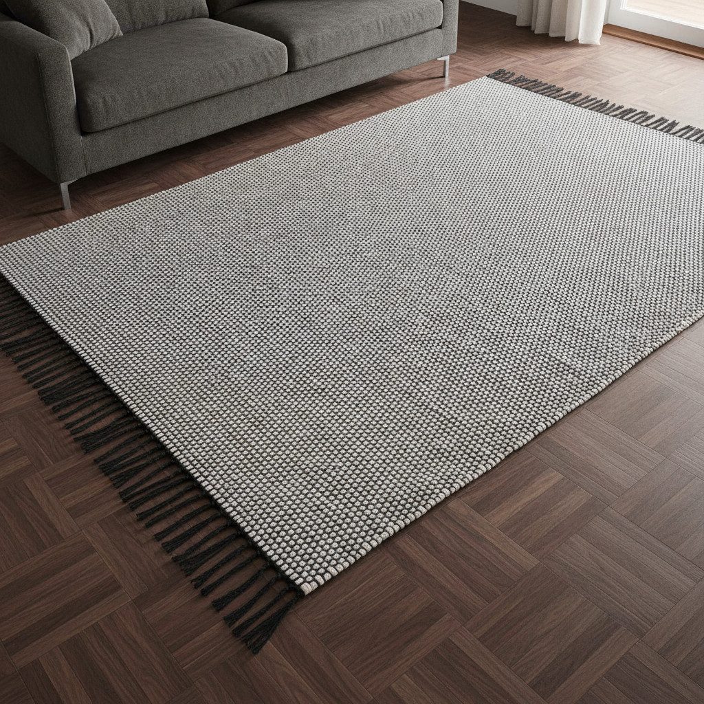 TaCa Home Wollteppich Handgewebter Baumwoll-Teppich beidseitig verwendbar, rechteckig, Höhe: 5 mm, Schlafzimmer Kinderzimmer Wohnzimmer Esszimmer Flur Gang, natur
