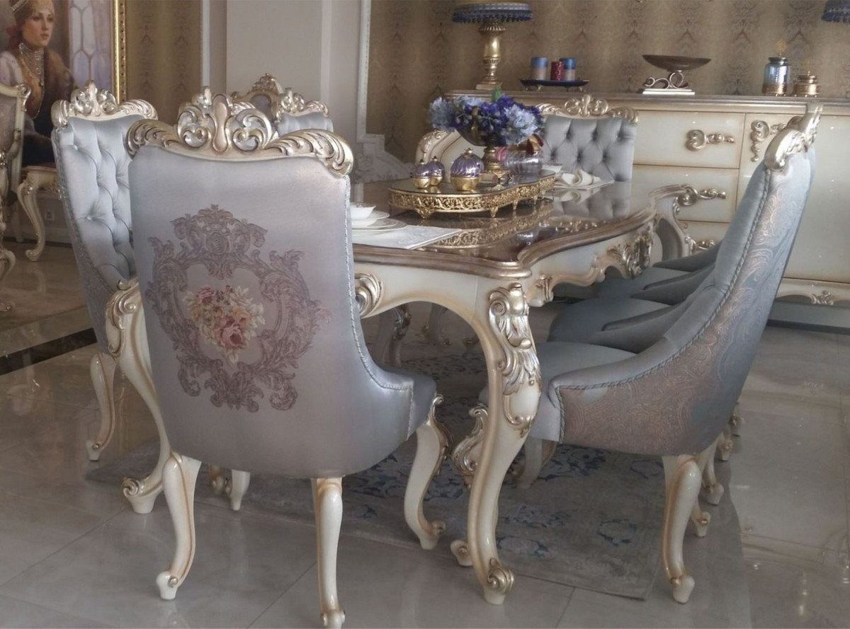 Casa Padrino Esszimmerstuhl Luxus Barock Esszimmerstuhl Set Silber / Creme / Gold - 6 Küchen Stühle im Barockstil - Barock Esszimmer Möbel