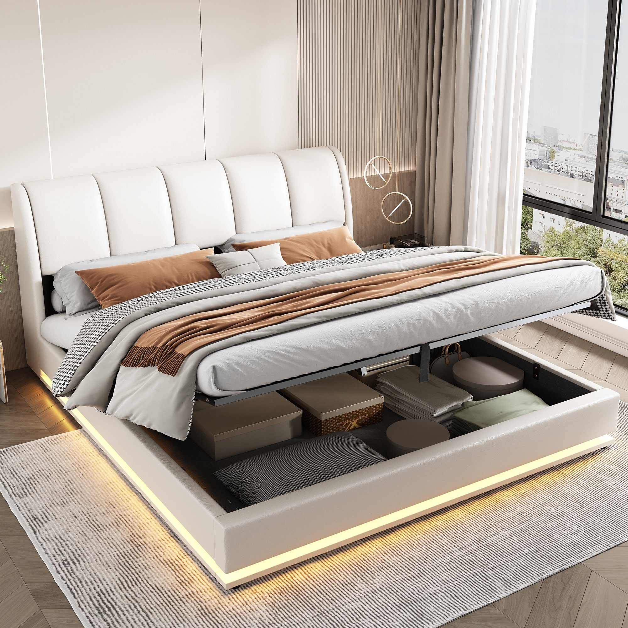 Boxspringbett (Doppelbett 180 x 200 cm mit Lattenrost und LED Beleuchtung), Polsterbett inkl. Hydraulisch anhebbarer Bettstauraum, Kunstleder