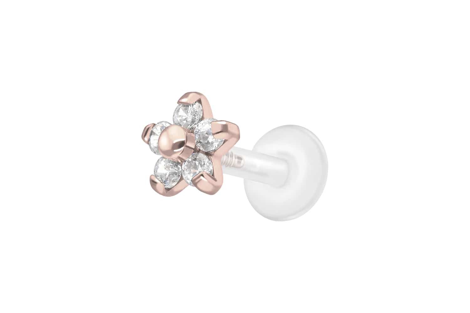 PIERCINGLINE Piercing-Set PTFE Labret mit Innengewinde + Titan-Aufsatz BLUME MIT 5 KRISTALLEN (Labrets, 1-tlg)