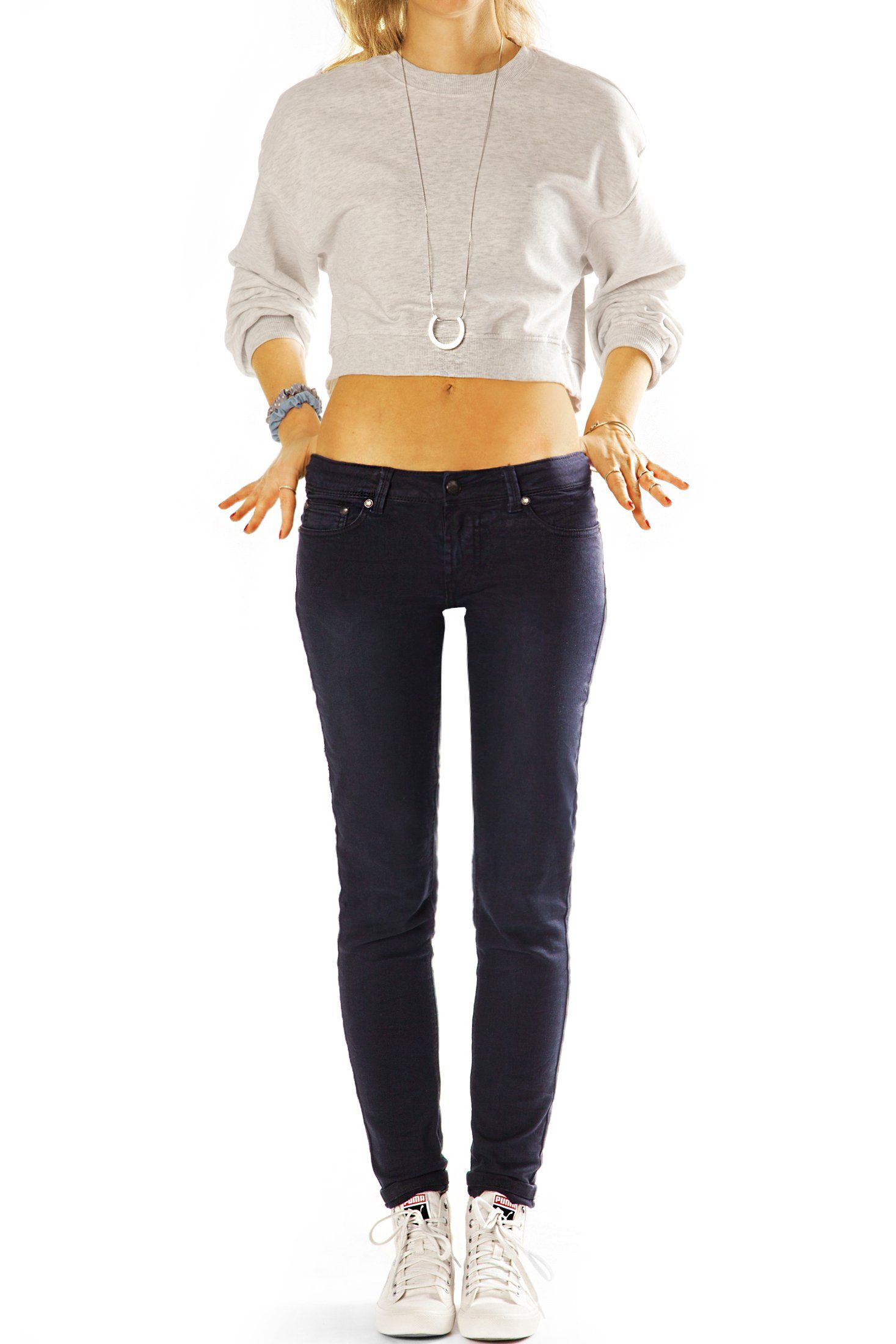 - Stretch-Anteil, hüftige Hüftjeans Damen Rise Low 5-Pocket-Style - j18L-1 be mit styled Skinny Low-rise-Jeans Hose Röhrenjeans