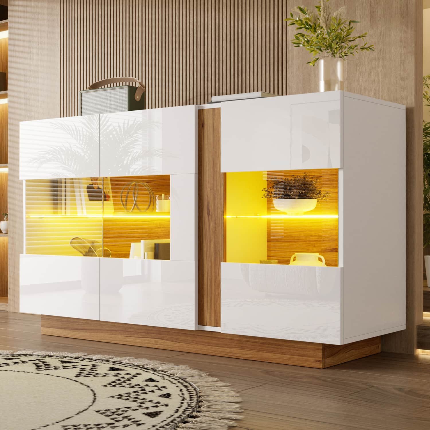 ANYSUN Sideboard mit LED-Beleuchtung,Hochglanz,Viel Stauraum,120 cm,3 Acryltüren (1 St., Mehrzweckschrank mit Farbwechsel,Timer & Musiksteuerun), Kommode mit App-Steuerung,2 Ablageflächen,Weiß-Natur für Wohnzimmer