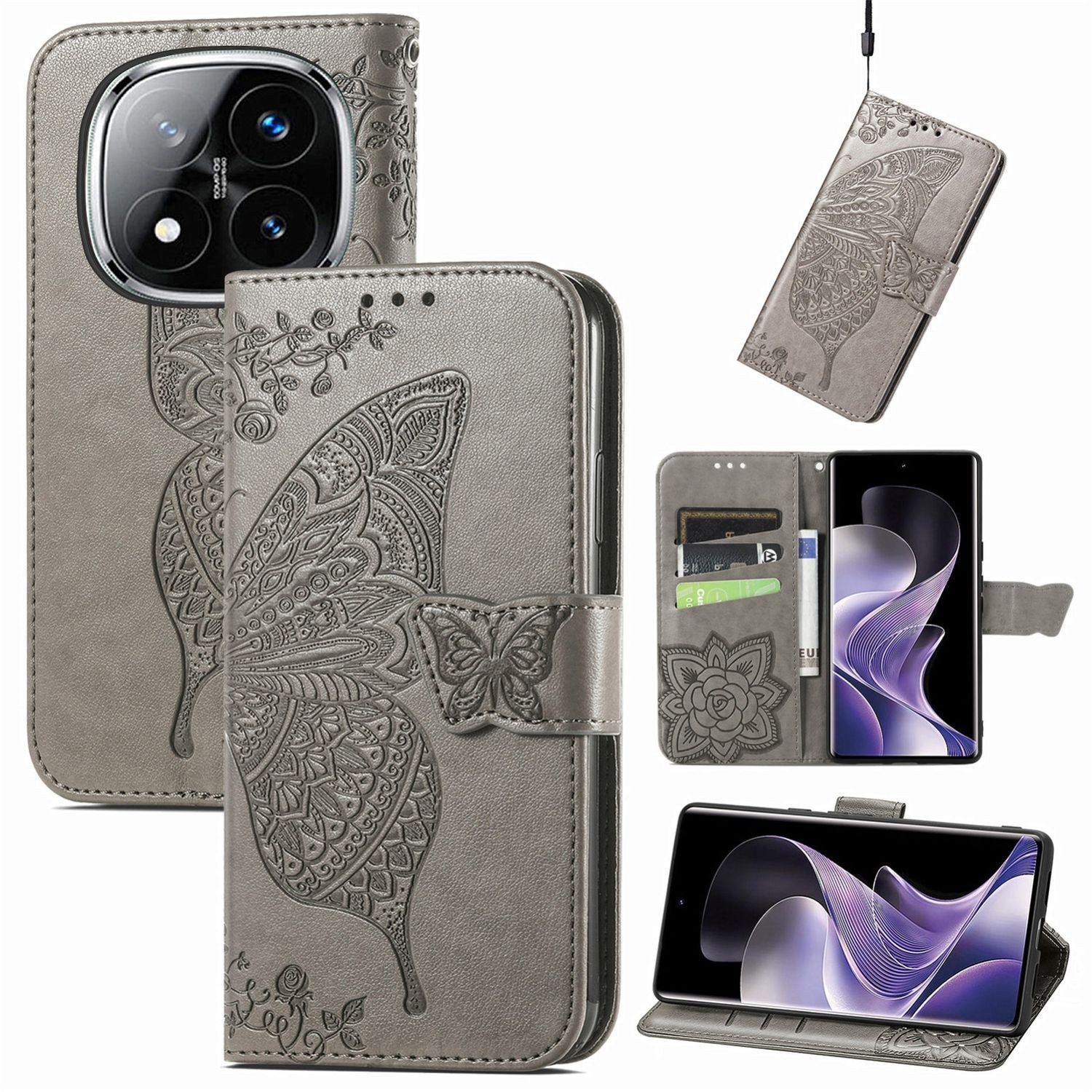 Wigento Smartphone-Hülle Für Xiaomi Redmi Note 14 Pro 5G Kunstleder Schmetterling Hülle Grau, Kunst-Leder Schutzhülle Smart Case Cover magnetischer Verschluss