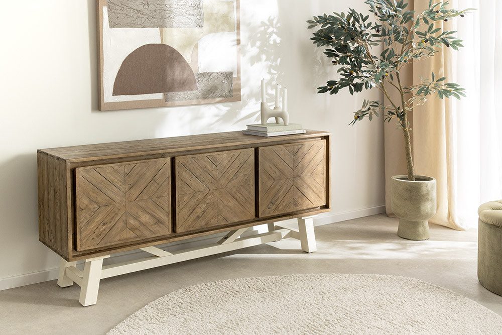 riess-ambiente Sideboard HAMPTONS 160cm hellbraun/creme - Massivholz, Mosaik-Bohlenoptik (Einzelartikel, 1 St), mit 3 Türen & großzügigem Stauraum – ideal für Wohnzimmer & Esszimmer