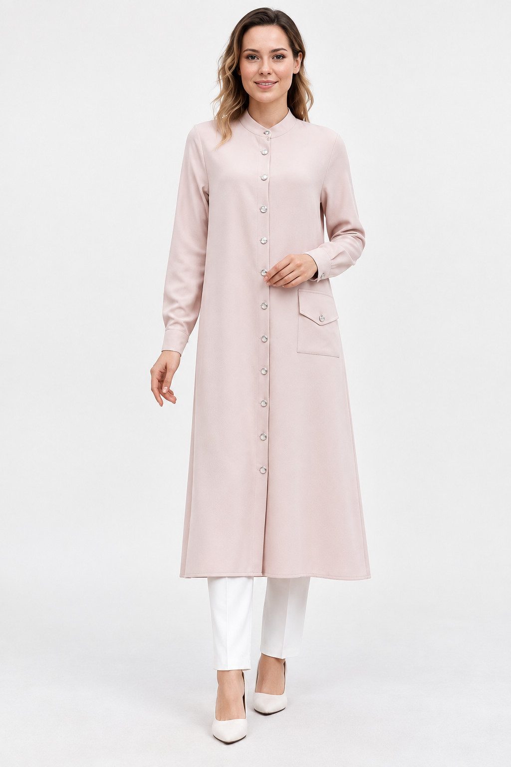 fashionshowcase Longtunika mit Knopfleiste und Stehkragen, lang geschnitten mit Seitenschlitzen Modest Fashion, bedeckender Schnitt, elegante Longform
