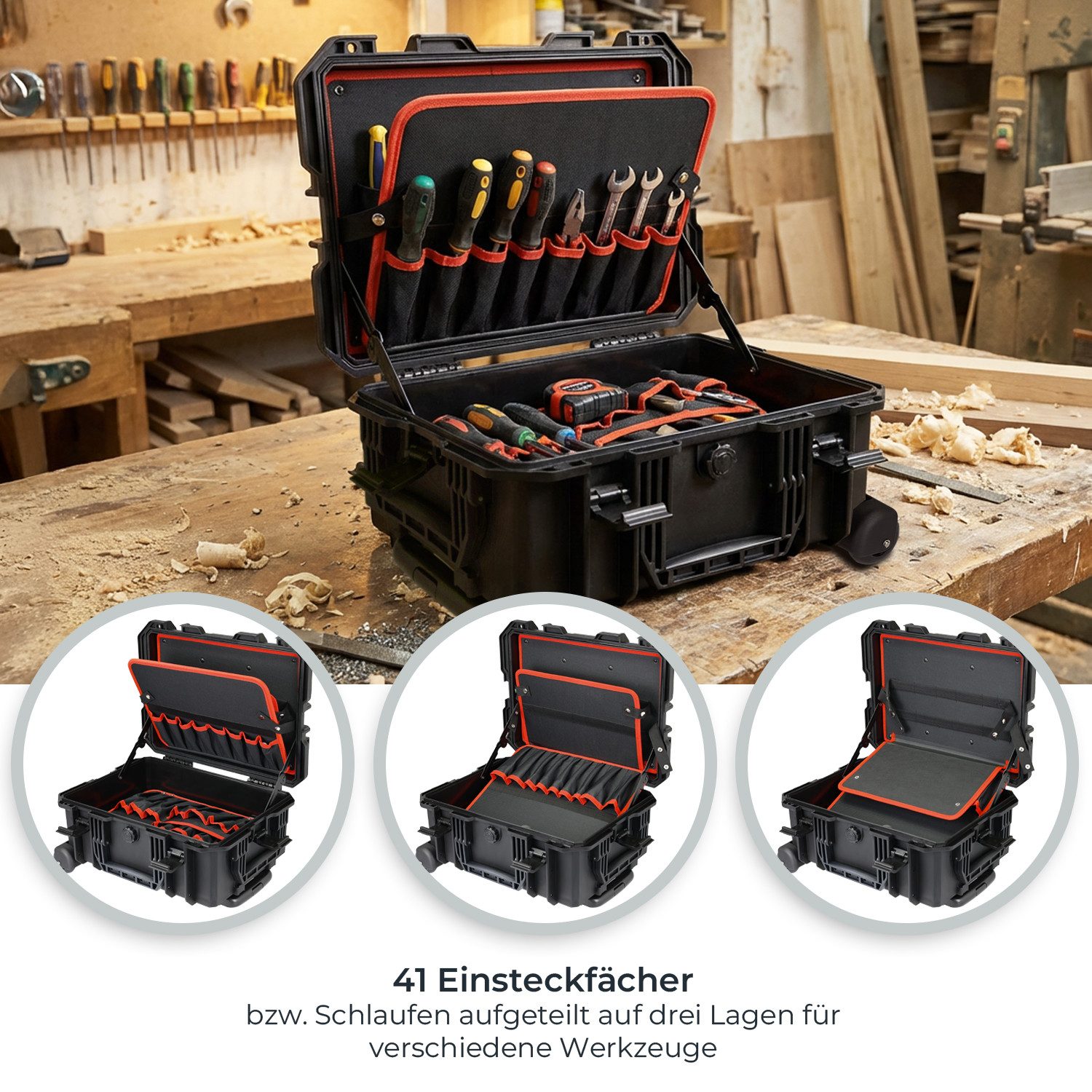 HMF Werkzeugkoffer 15604-02 Outdoor Werkzeugtrolley, Werkzeugkoffer leer mit Rollen, 46,5 x 36 x 22,5 cm, Schwarz