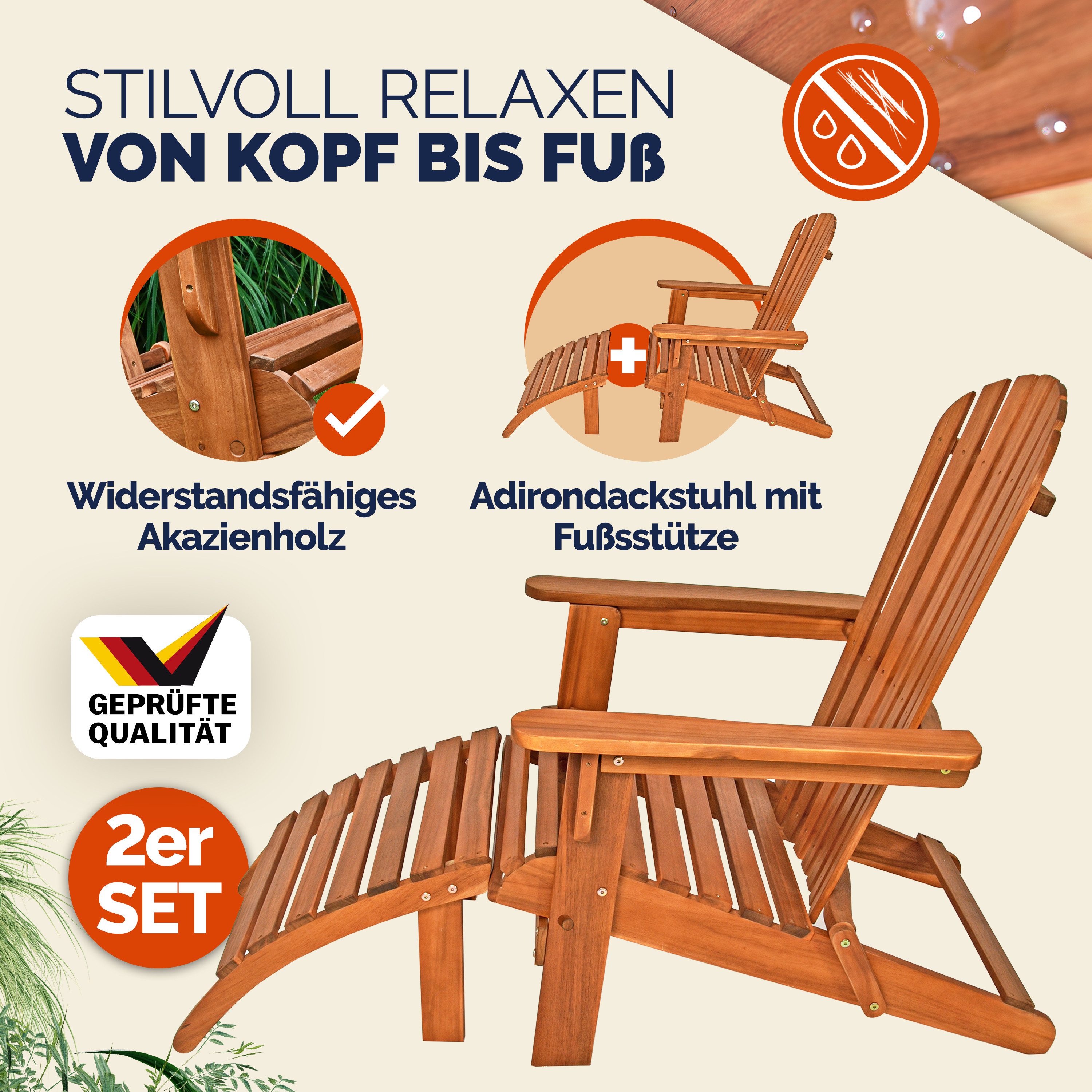 Casaria Gartenliege, Akazie Holz 160kg Belastbar Wetterfest Klappbar Fußstütze Armlehnen