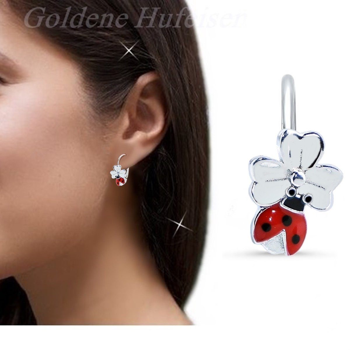 Goldene Hufeisen Paar Ohrhänger Mädchen Kinder Marienkäfer Kleeblatt Ohrringe aus 925 Silber (1 Paar, inkl. Etui), Kinderschmuck
