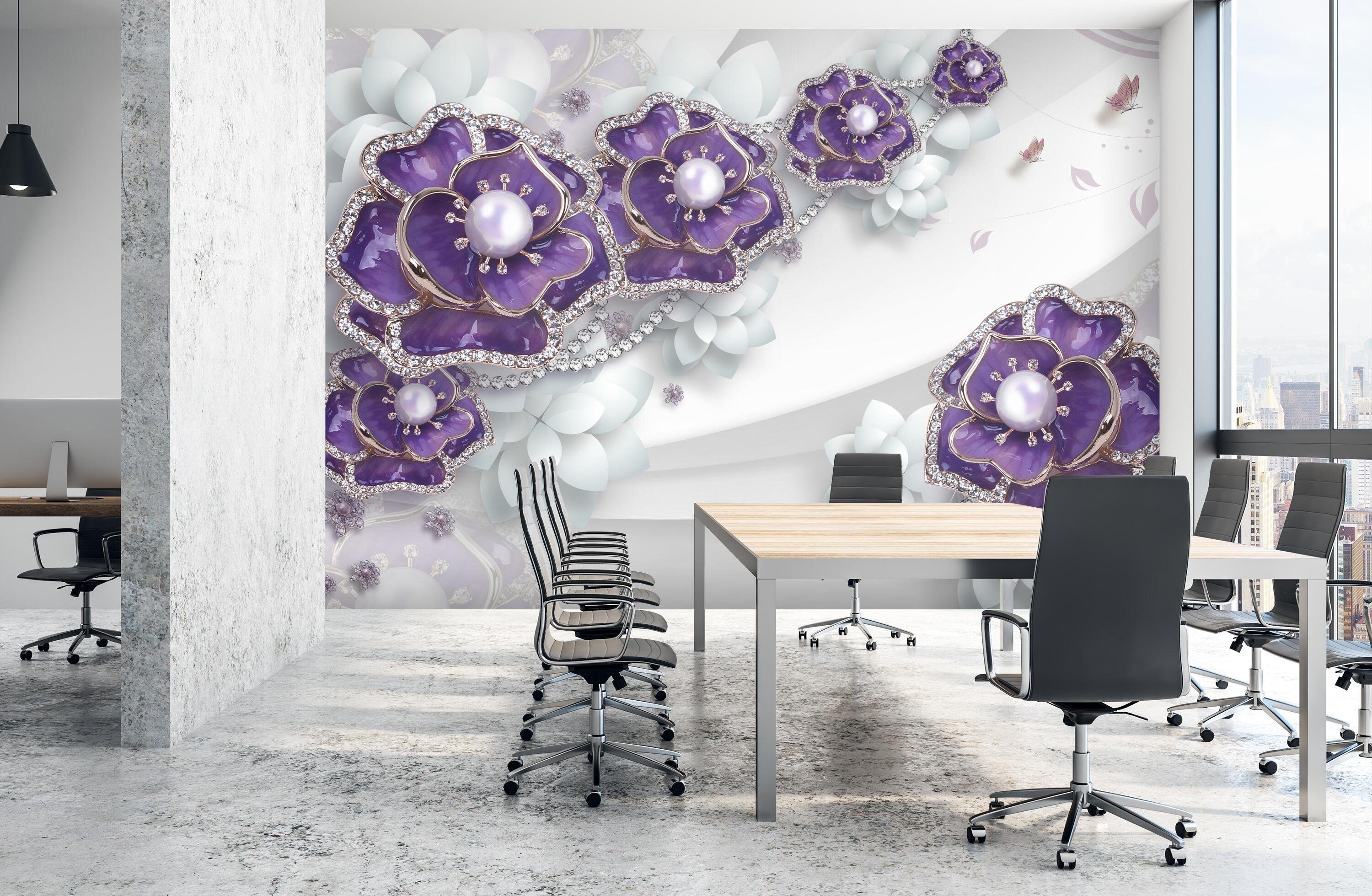 Fototapete Wandtapete, weiß, Blumen wandmotiv24 Vliestapete 3D Perlen matt, glatt, violett Motivtapete,