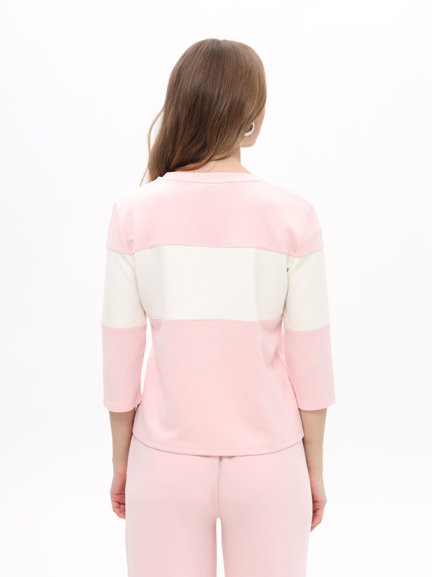 Passioni 3/4-Arm-Shirt Shirt mit Strass und Colorblock Rosa- Ecru mit Schriftzug aus Glitzersteinen – Bild 3 von 4