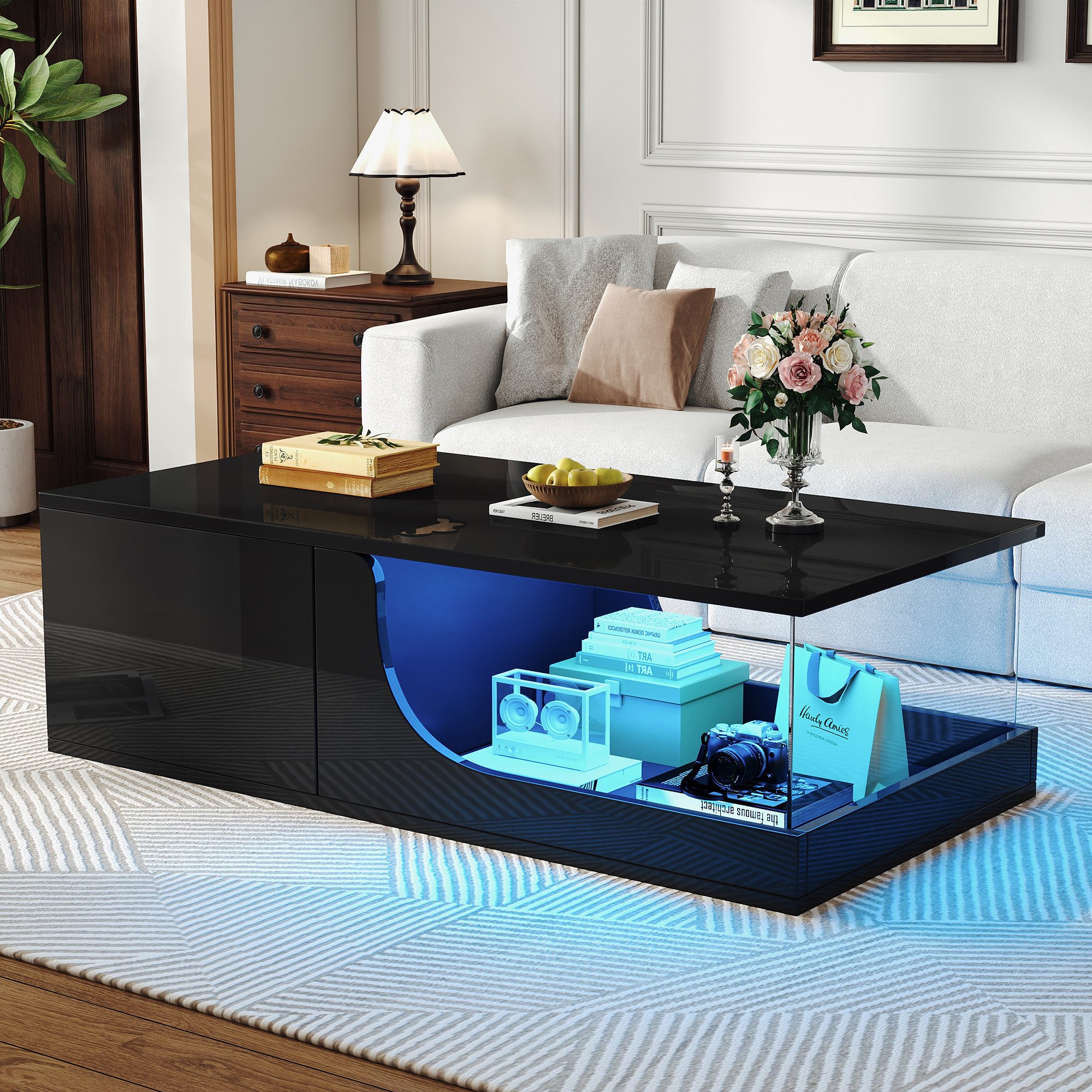 REDOM Couchtisch mit Doppelte Aufbewahrung (Sofatisch, Wohnzimmer, Kaffeetisch, 1-St., gehärtetes Glas), LED-Beleuchtung,App-gesteuerte