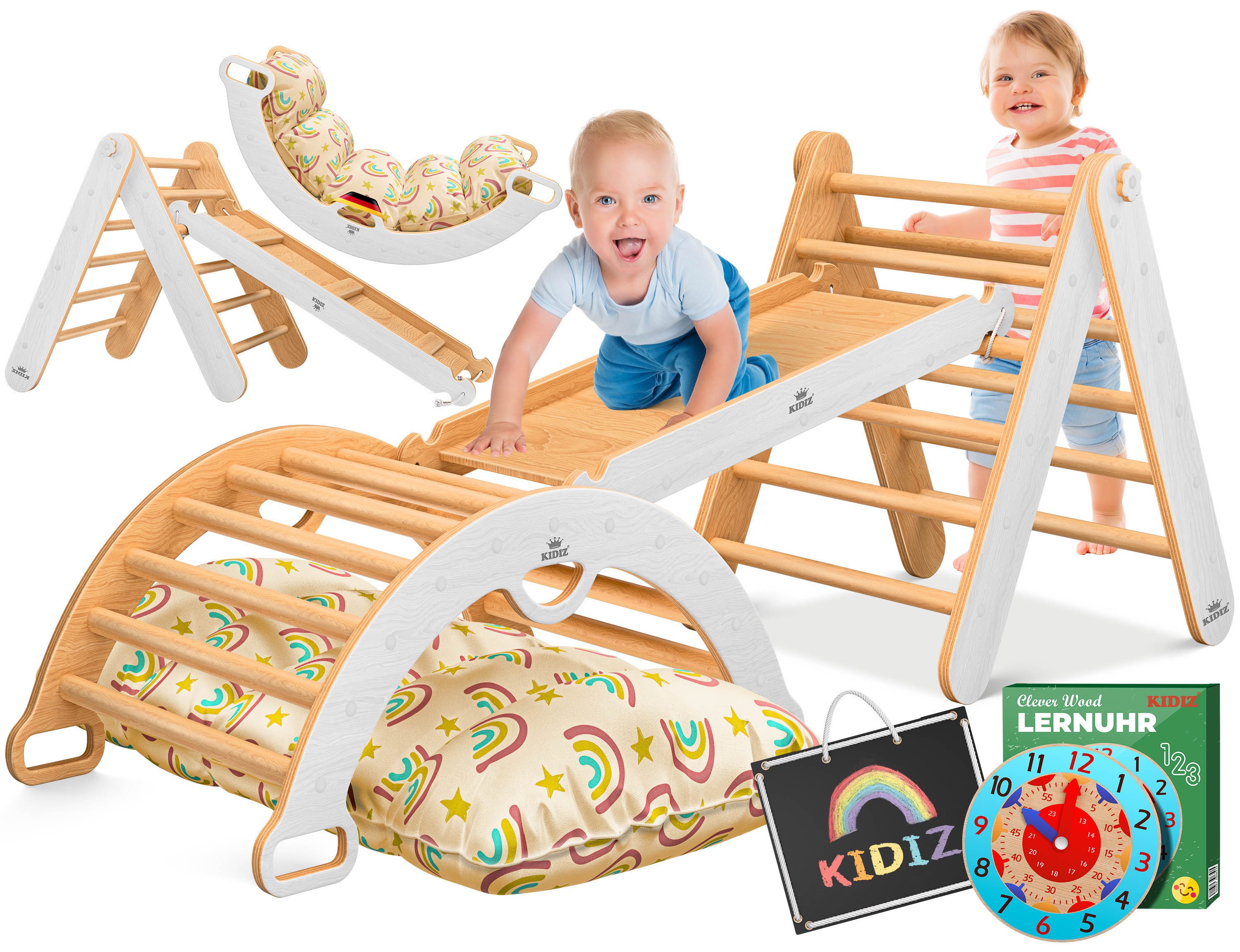 KIDIZ Klettergerüst Klettergerüst Montessori 7in1 Spiel-Set aus Holz, (mit Kletterbogen, Rutsche, Kletterdreieck, Kissen, Tafel & Lern-Uhr), Indoor Spielplatz für Kleinkinder ab 1 Jahr & Kinder bis 3 Jahre