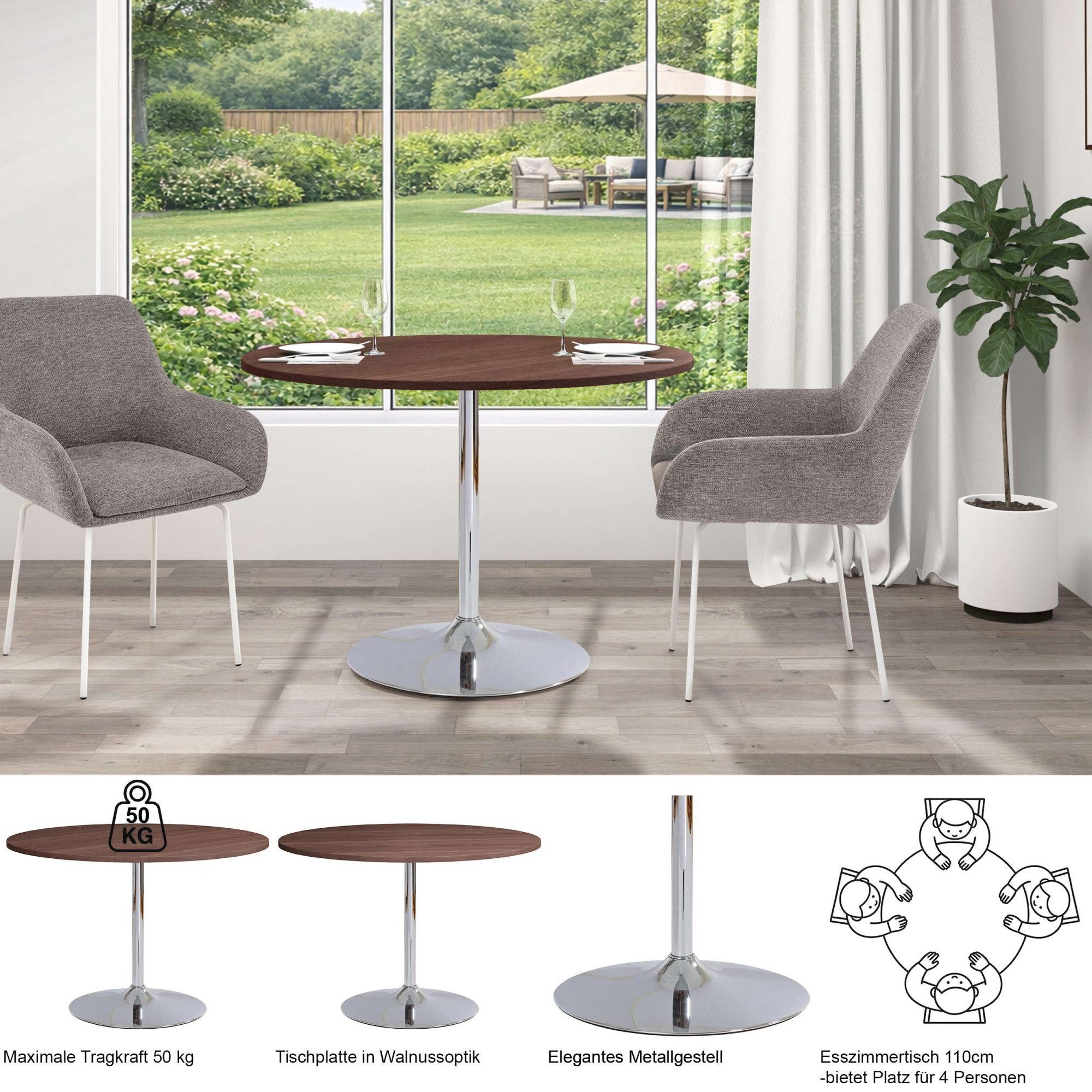OTTO home Esstisch Trompet, rund, Ø110 cm, Tischplatte Hochglanz oder Holzoptik, Trompetenfuß