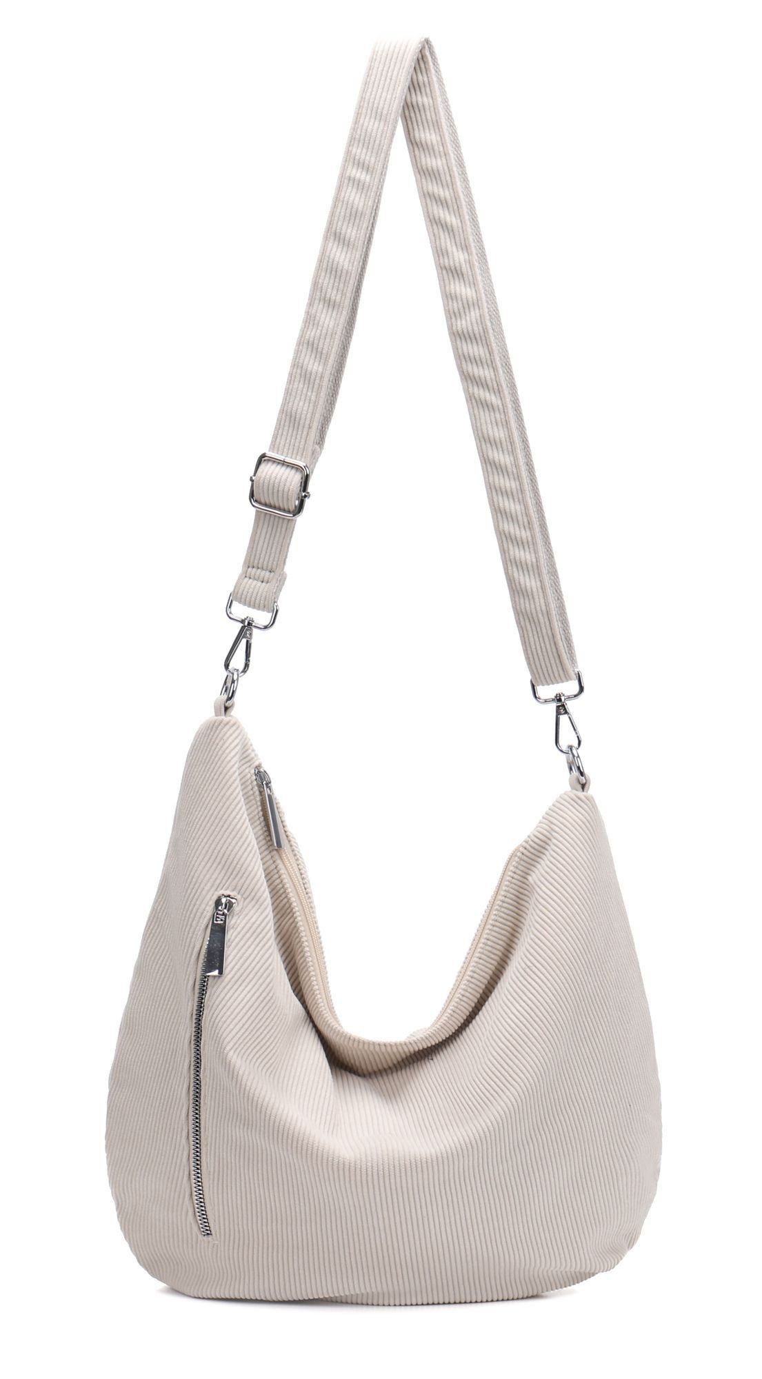 ITALYSHOP24 Schultertasche Damen Halbmond Tasche aus Cord CrossOver Body Bag Umhängetasche, Runde Cordtasche Asymmetrisches MOON Brust Slingtasche Wildlederoptik