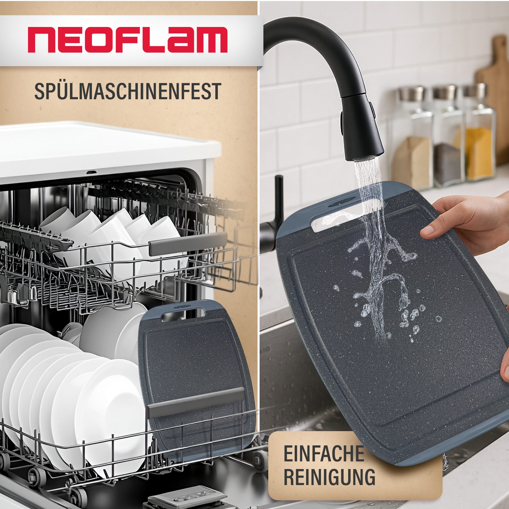 NEOFLAM® Schneidebrett BiJu Antibakterielles Frühstücksbrettchen Set, 4tlg. - Granitschwarz, Kunststoff (PP), (4-St) – Bild 3 von 5