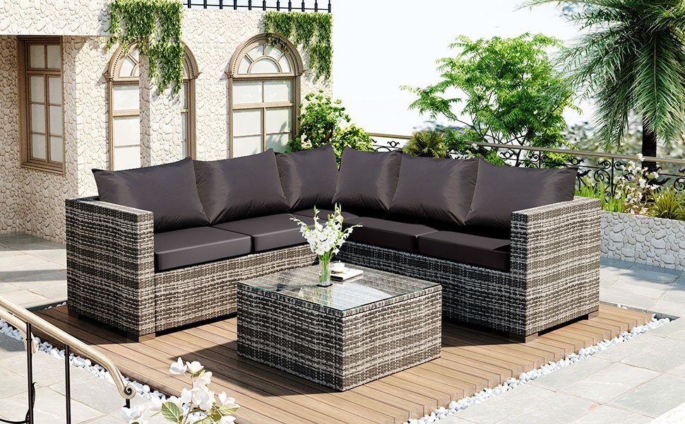 Polyrattan 5-Sitzer-Gartenmöbel-Set Gartenlounge-Set, Flieks Anti-UV-Kissen