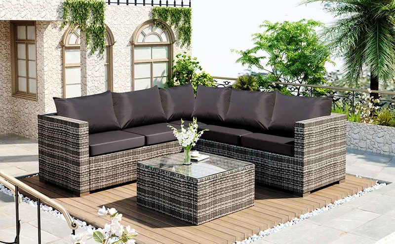 Flieks Gartenlounge-Set, Polyrattan 5-Sitzer-Gartenmöbel-Set mit Anti-UV-Kissen und abnehmbare Bezüge