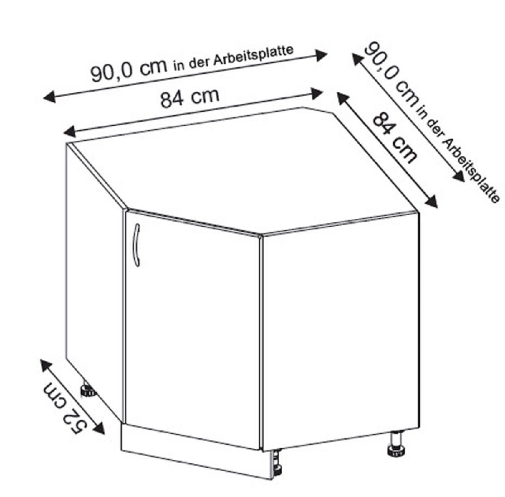 Korpus (Unterschrank, wählbar Frontfarbe PN-D12R/90 - Hochglanz Einlegeboden Korpus- Feldmann-Wohnen weiß Front und mit lava Küchenschrank) Eckunterschrank PLATINIUM matt /