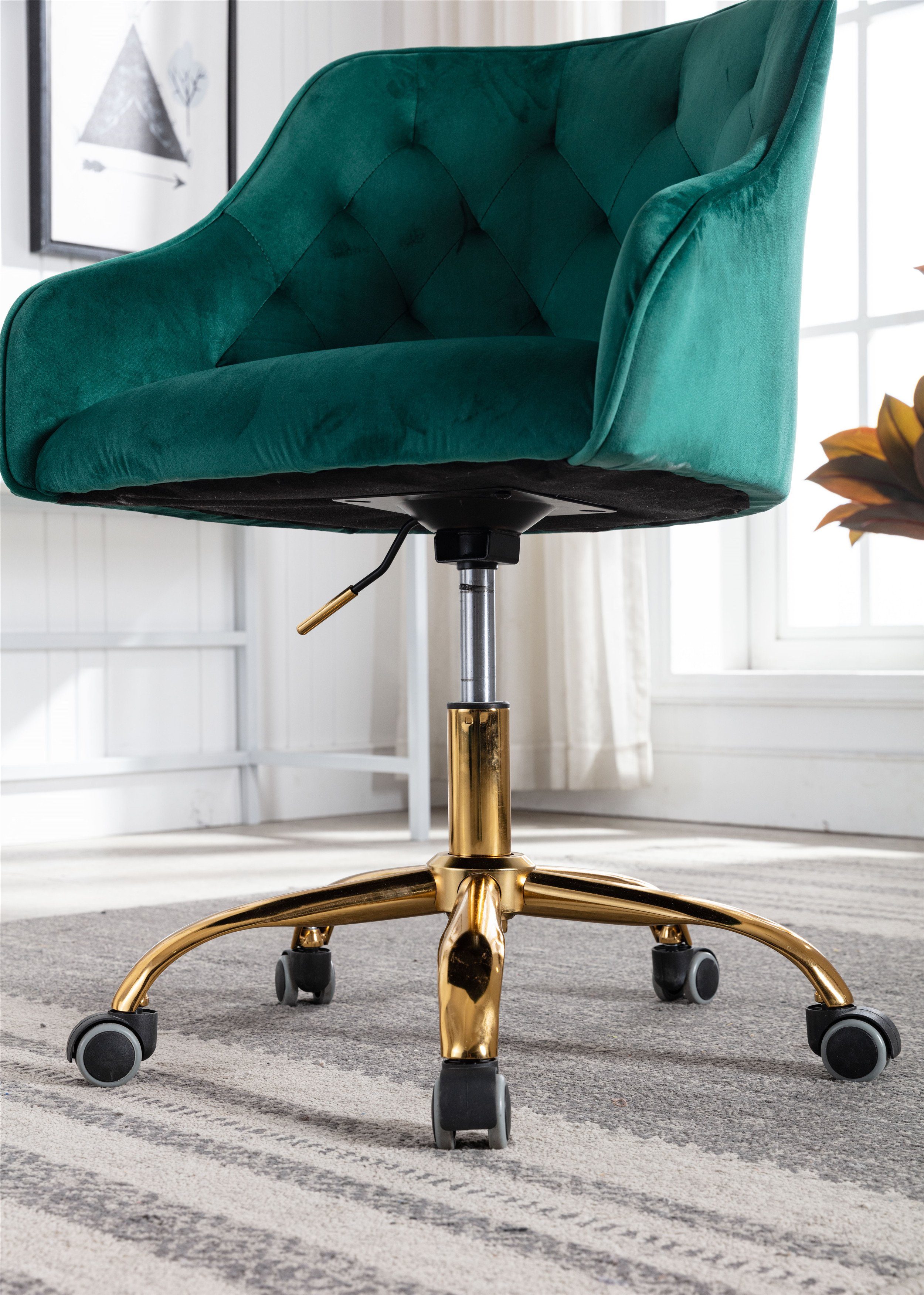 Merax Bürostuhl Basis Schreibtischstuhl (1 Samt, Grün Bürostuhl, mit goldfarbener St), gepolstert höhenverstellbar aus Drehstuhl