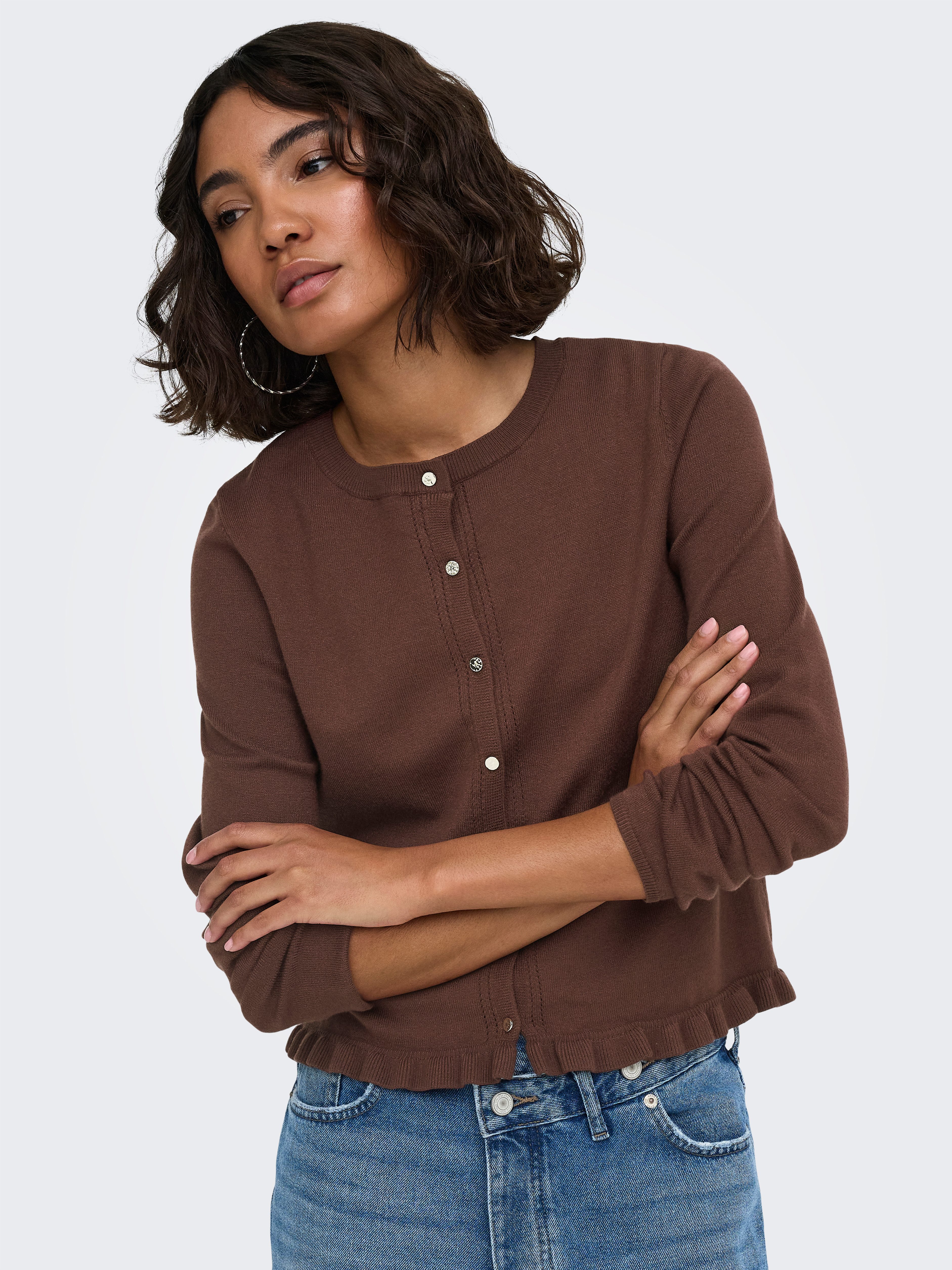 ONLY Strickjacke ONLCINDEREL LS O-NECK FRILL CARDI CC KNT Materialmix, regular fit