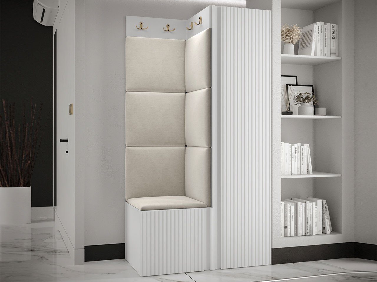 MIRJAN24 Garderoben-Set Orion Ryfel Slim XXV, (Kleiderschrank, Schuhschrank, Kleiderhakenbrett, 7x Paneel 42x42), 6 Kleiderhaken für Kleidung, Metallgriffe
