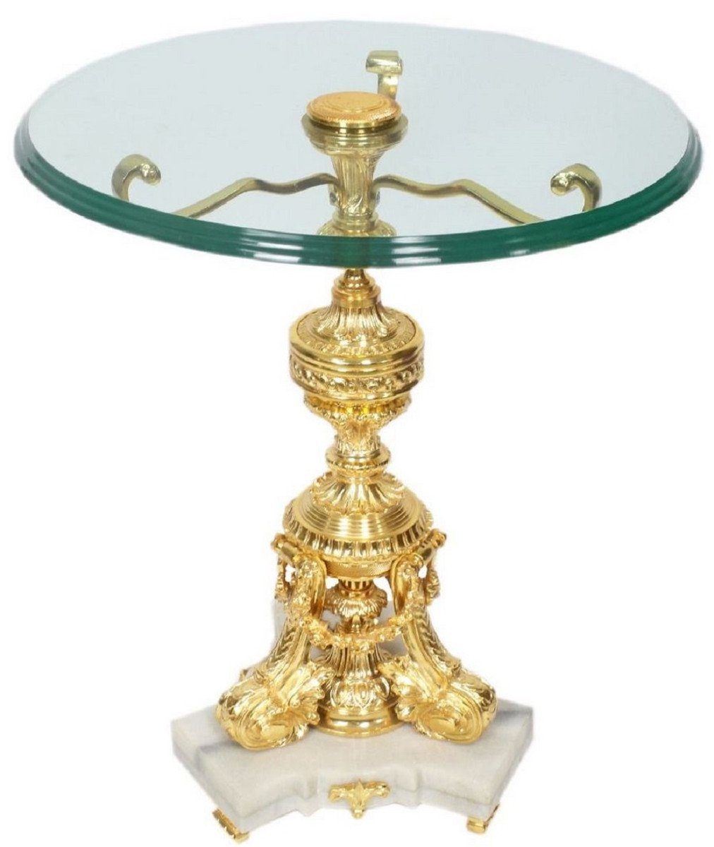 Casa Padrino Beistelltisch Barock Beistelltisch Gold / Weiß Ø 53 x H. 67 cm - Runder vergoldeter Bronze Tisch mit Glasplatte und Marmorsockel - Barock Möbel