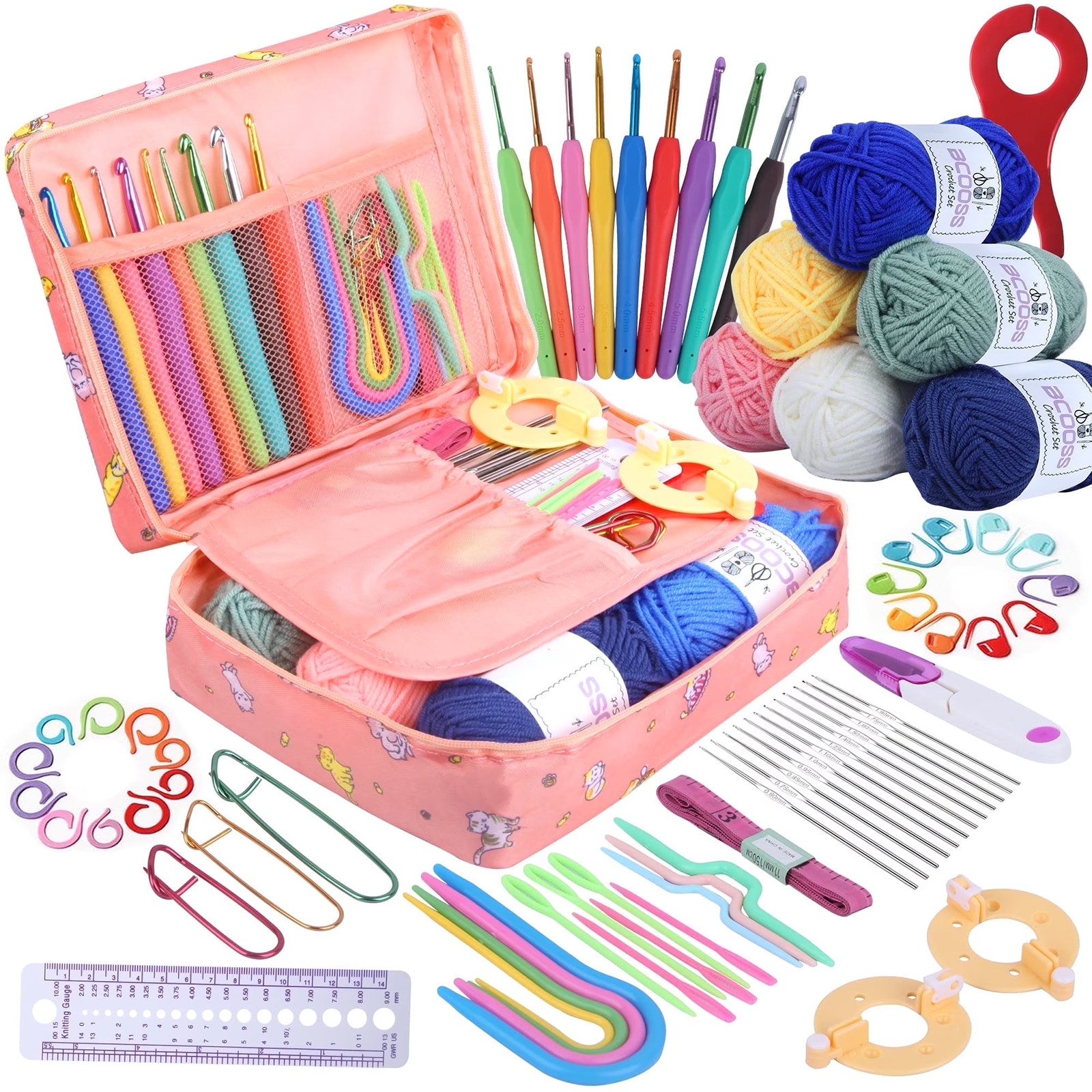 HUGERSTONE Häkelnadeln 70-teiliges Häkelset für Anfänger, Tragbar Häkelnadel Set mit Tasche, 70 St., Praktische Häkelnadeln Set mit Tasche, 6 Farben Garn und Zubehör, 0.6-6 mm Ergonomische Häkelnadeln, Für Fortgeschrittene geeignet