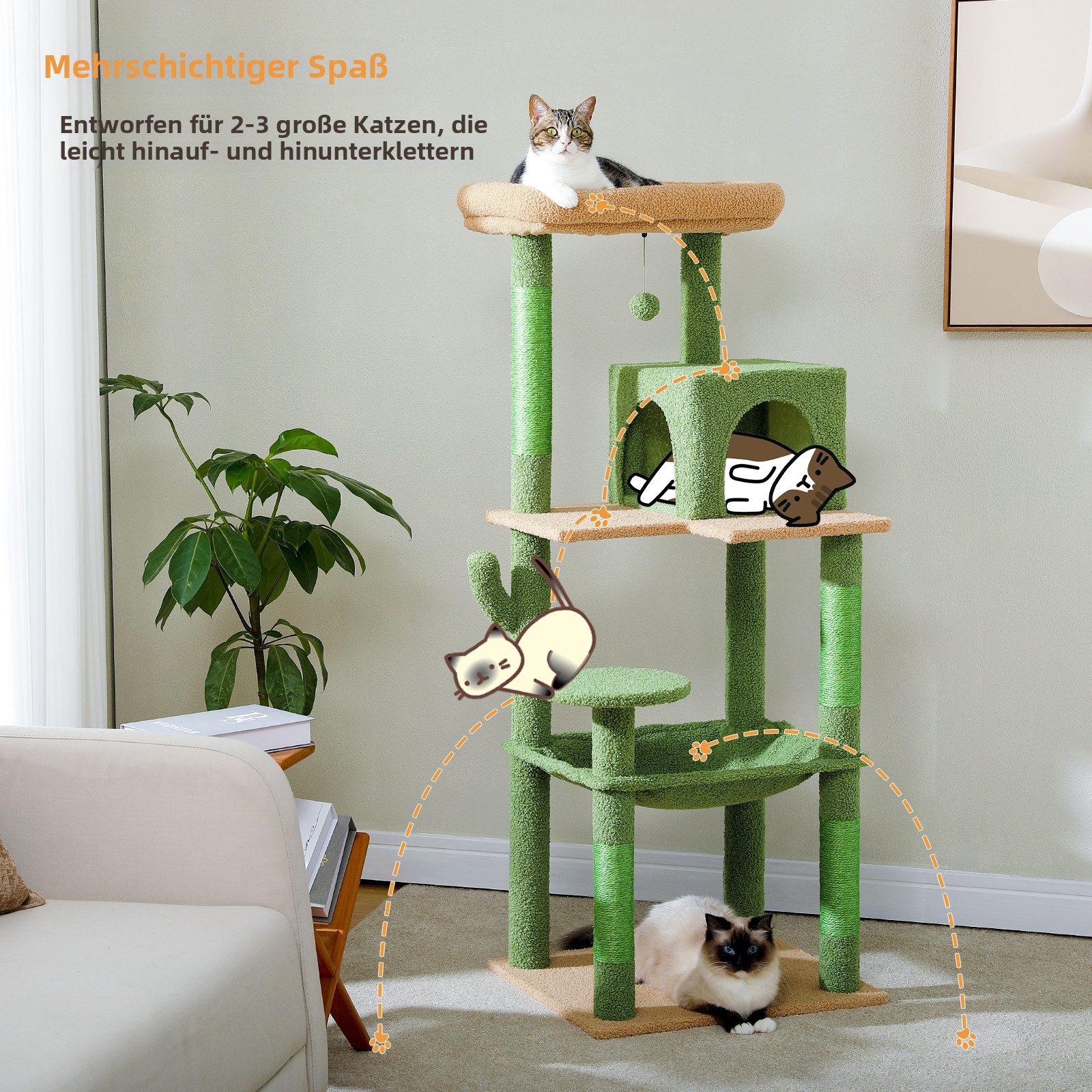 PAWZ Road Kratzbaum Kratzbaum 143cm Groß Katzenspielturm stabiles schönes Katzenhaus, Größe Höhle Hängematte