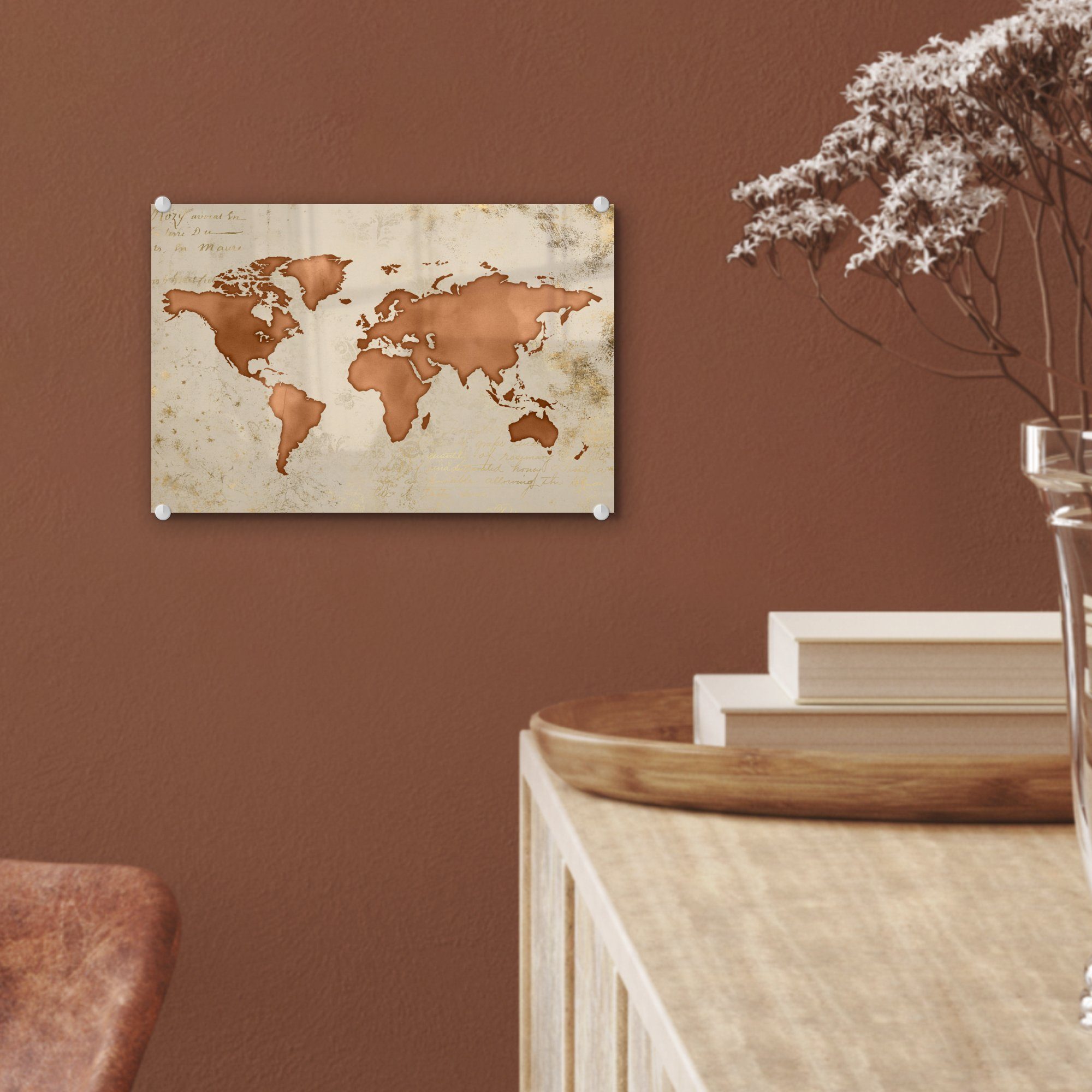 MuchoWow Acrylglasbild Weltkarte - auf - Glasbilder - Papyrus Kupfer, Wandbild Wanddekoration (1 - Glas auf - Bilder Glas Foto St)