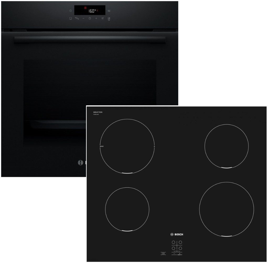 BOSCH Backofen-Set Induktionskochfeld Schwarz 71 Liter Pyrolyse 3D Heißluft PowerBoost, mit Nein, Pyrolyse-Selbstreinigung Hydrolyse