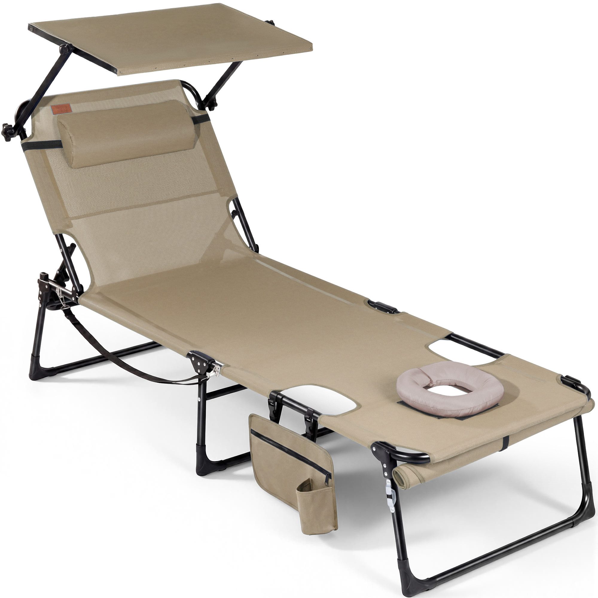 HOMECALL Gartenliege Sonnenliege mit Gesichtsöffnung und Sonnendach, klappbarer Liegestuhl, bis180 kg 200x70cm 4-Fach verstellbare Rückenlehne, 1 St., für Garten, Strand und Camping