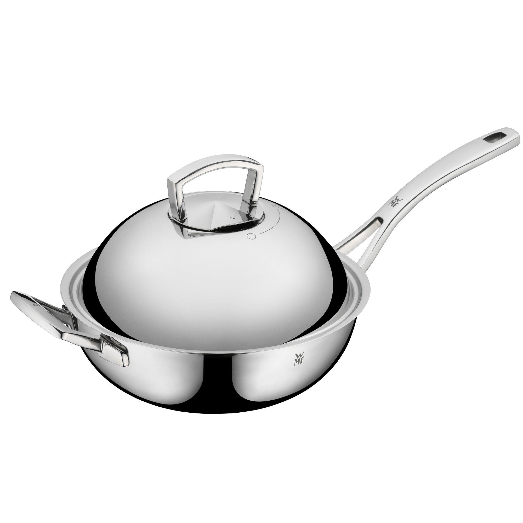 WMF Wok, 3-Schicht-Material: Innenseite Cromargan Edelstahl rostfrei 18/10, im Kern Aluminium, Außenseite Chromstahl (1x Wokpfanne 28 cm - optimal für Herdplatten mit Ø 22 cm, 1x Met