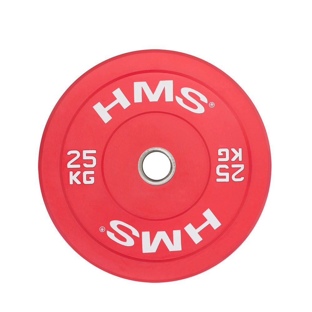 HMS Hantelscheibe Bumper Gewichtsscheibe Langhantelscheibe, 25.0 kg, (Spar-Set, 1-tlg., 45 cm Durchmesser rot), gummiert, kalibriert, IWF-Farbcode, Edelstahl