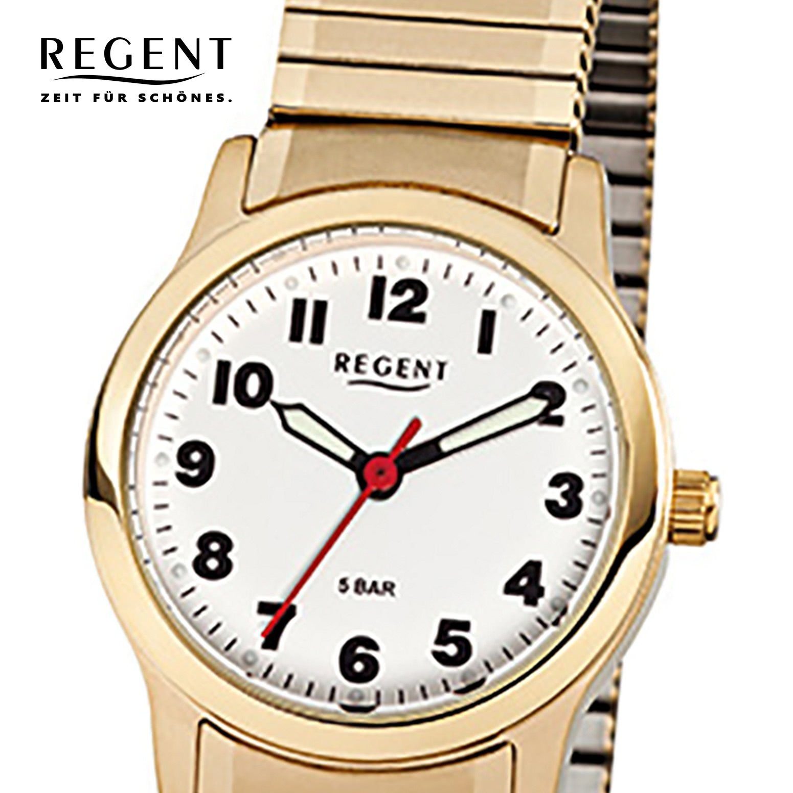 Regent Quarzuhr Regent Damen-Armbanduhr gold Analog F-896, (Analoguhr), Damen Armbanduhr rund, klein (ca. 28mm) Edelstahl, goldarmband