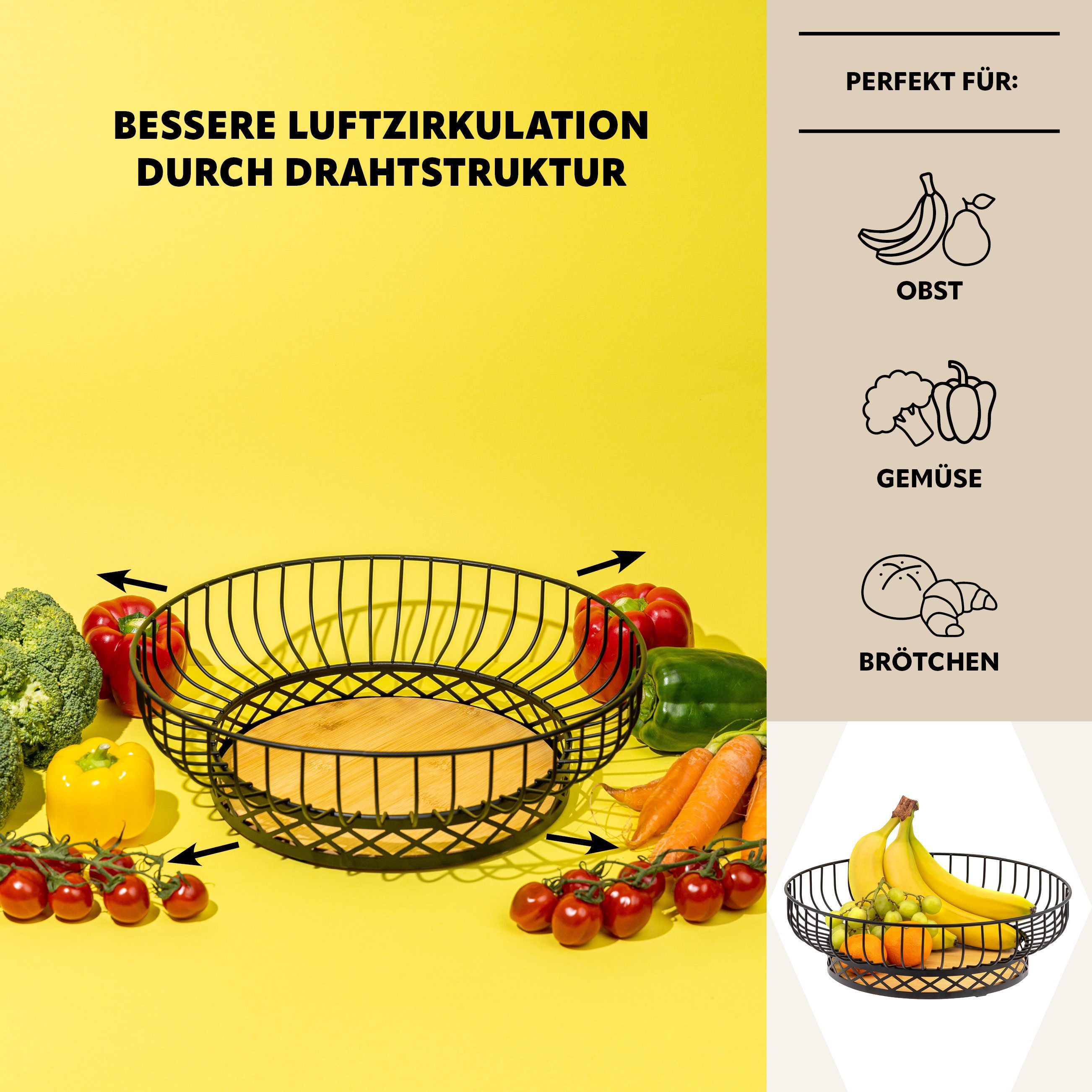 bremermann Obstschale Obstkorb, Obstschale rund, Ø ca. 33,5 cm, schwarz matt, Bambusboden