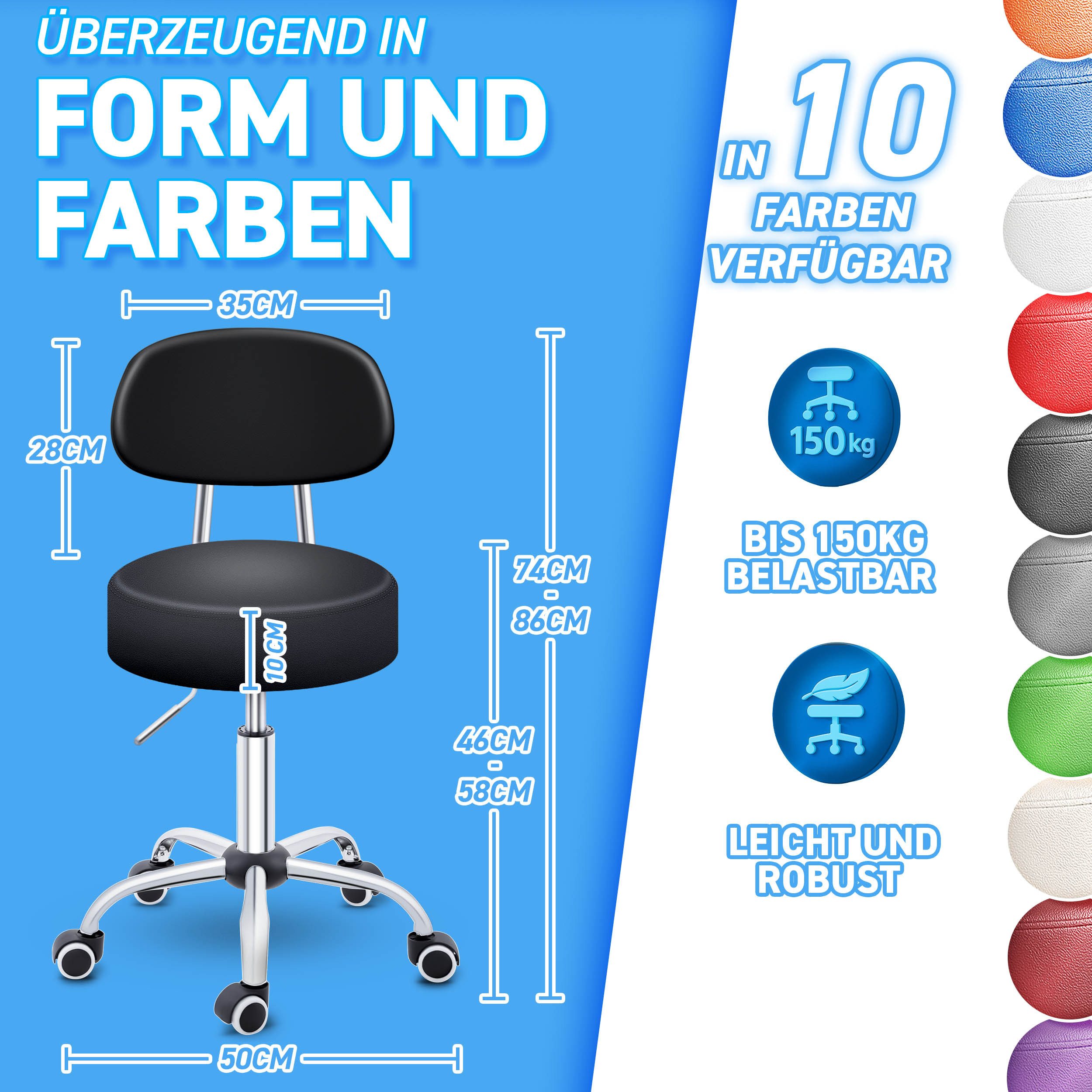 TRESKO Drehhocker Rollhocker mit Lehne, Arbeitshocker höhenverstellbar 46-58 cm, Bürostuhl mit Rollen Hocker Drehstuhl Kosmetikhocker