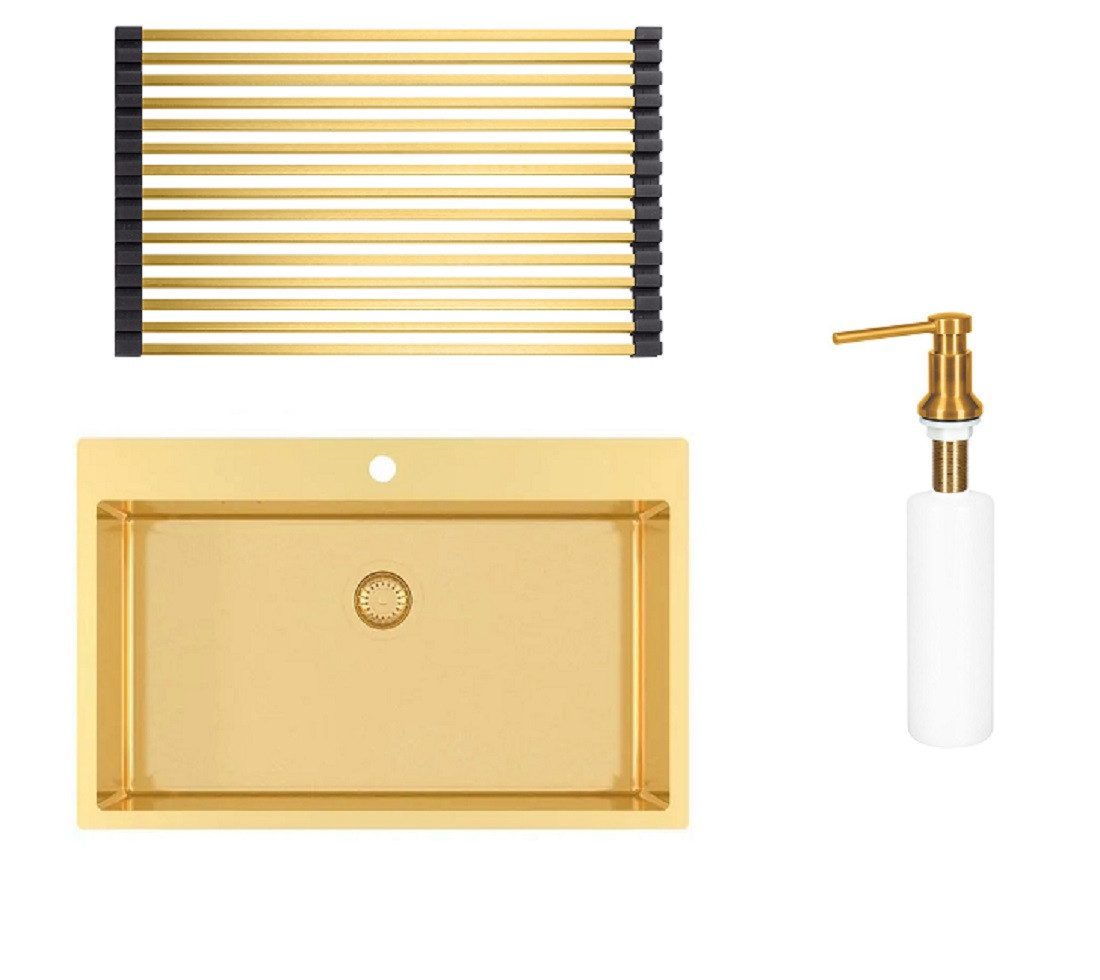 GURARI Edelstahlspüle TERRA100 M G+DH G Seifenspender DTR+RM-2845-G Aufrollbare Abtropfmatte, (3 St)
