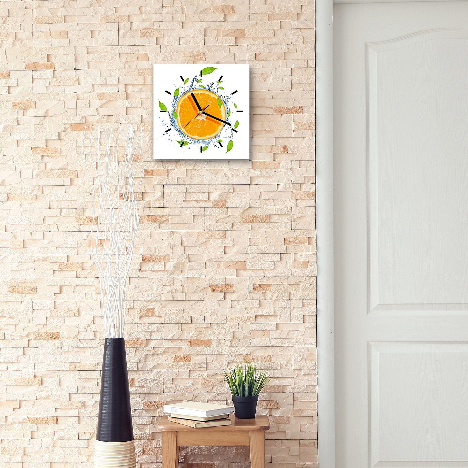 Primedeco Wanduhr Glasuhr Wanduhr Wandkunst Orange in gehüllt Größe 30 Wasser cm 30 mit Motiv x