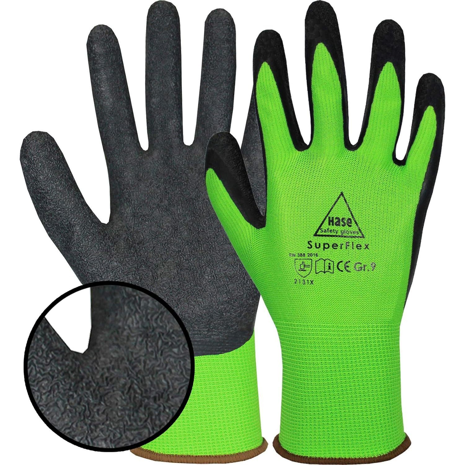 Hase Safety Gloves Arbeitshandschuhe Superflex grün Latexbeschichtung rutschfeste Gartenhandschuhe (10-St., VPE= 10 Paar) Atmungsaktiv/Robust
