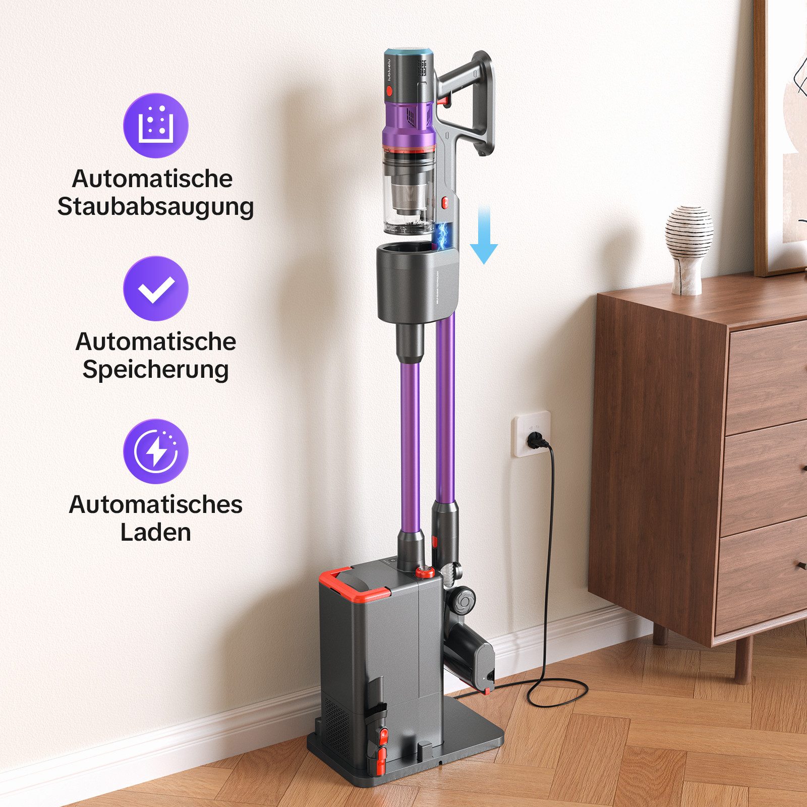 lubluelu Akku-Hand-und Stielstaubsauger X1000 Kabelloser Akku Staubsauger mit 2,5L Absaugstation 27kPA, 400 W, mit Beutel, Anti-Tangle-Bodenbürste / mit Auto Empty Funktion und Duftbox