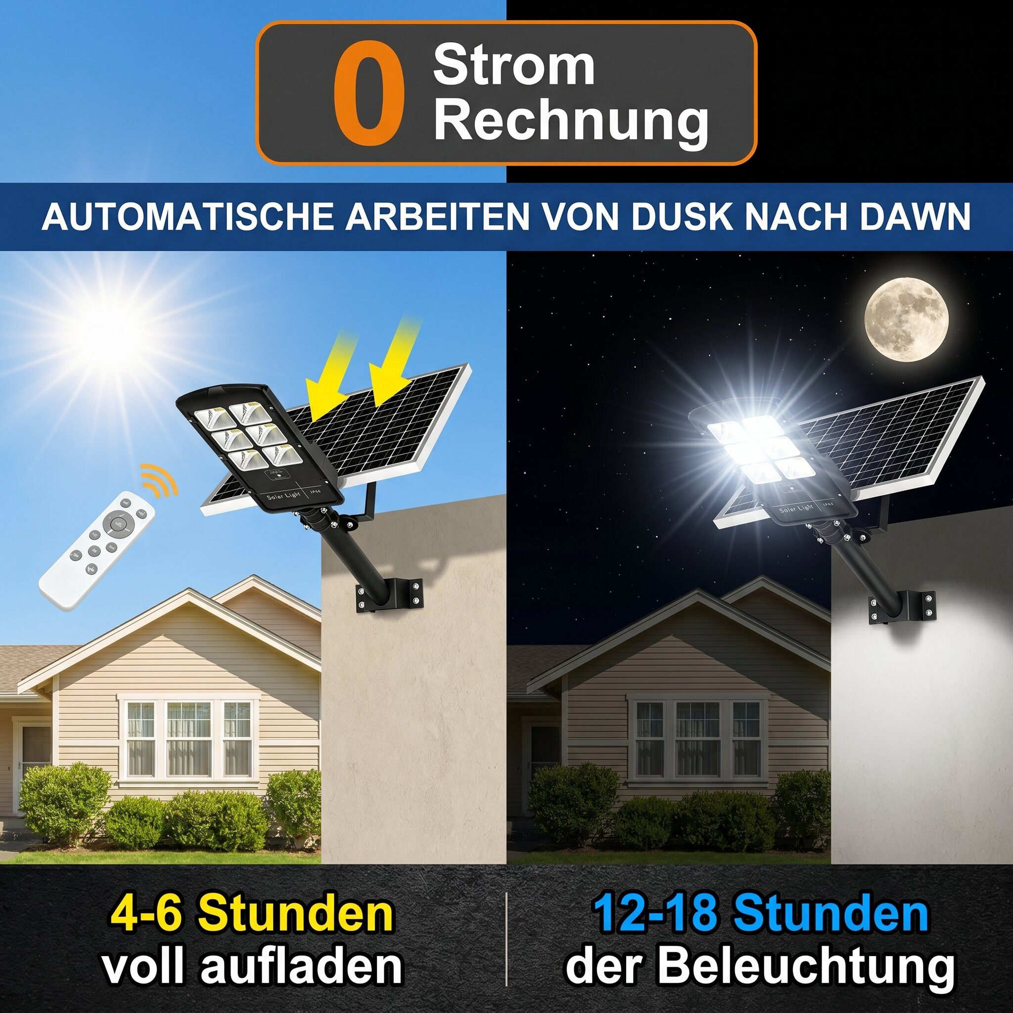 oyajia LED Solarleuchte 400W Solarlampen für Außen mit Fernbedienung, 6500K, Straßenlaterne, Solarlampen für außen + wetterfest, LED fest integriert, Kaltweiß,  – Bild 4 von 5