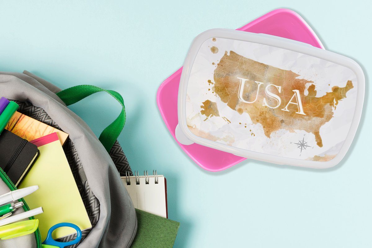 Vereinigte Brotbox für - Staaten Kunststoff, Erwachsene, - MuchoWow Brotdose rosa Lunchbox (2-tlg), Mädchen, Kunststoff Snackbox, Ölfarbe, Weltkarte Kinder,