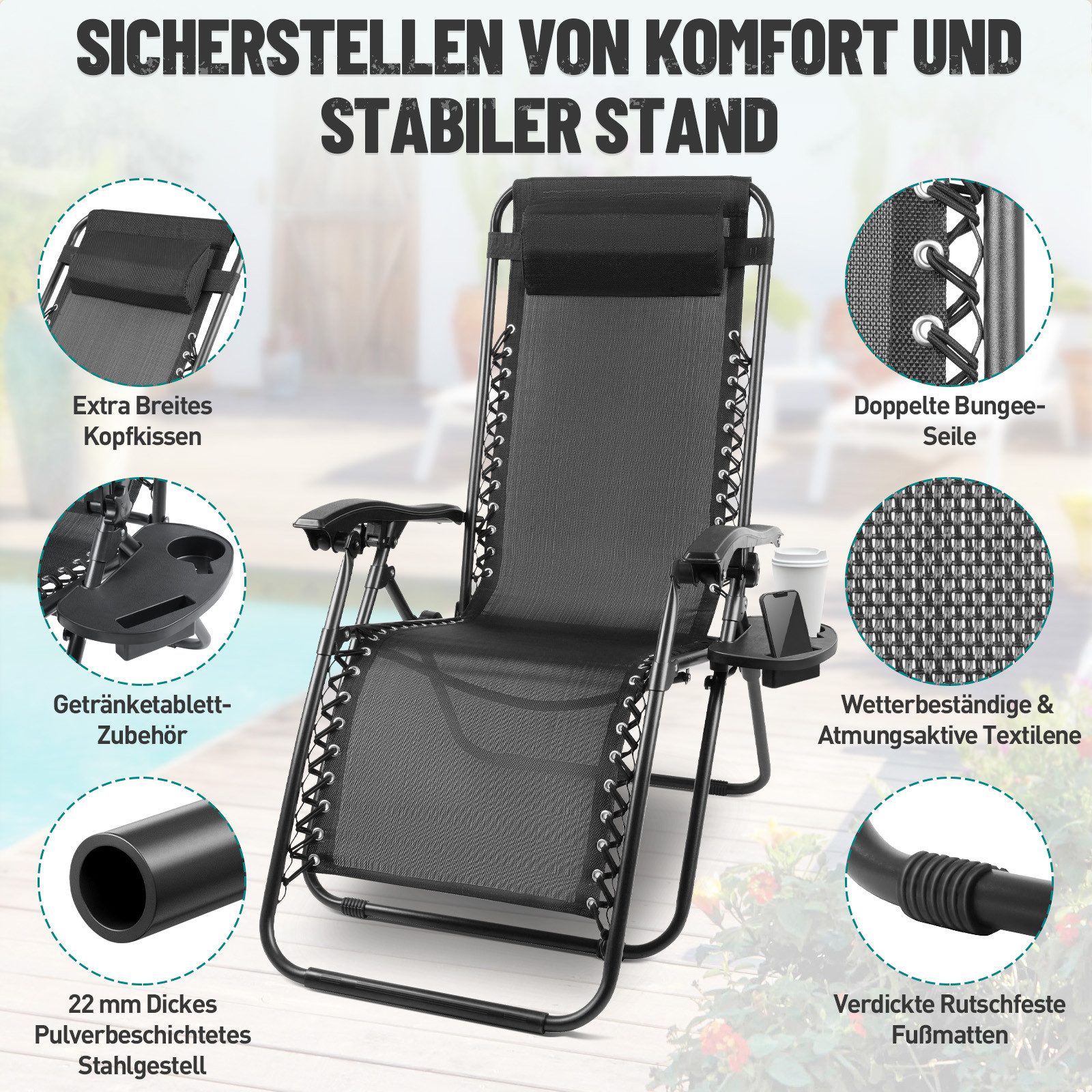 Huracan Gartenliege Sonnenliege Klappbar, Gartenliege Wetterfest, bis 120 KG, 1 St., Liegestuhl Garten mit Nackenkissen Getränkehalter Seitentasche, klappbar,ergonomisch geformt,platzsparend zerlegbar