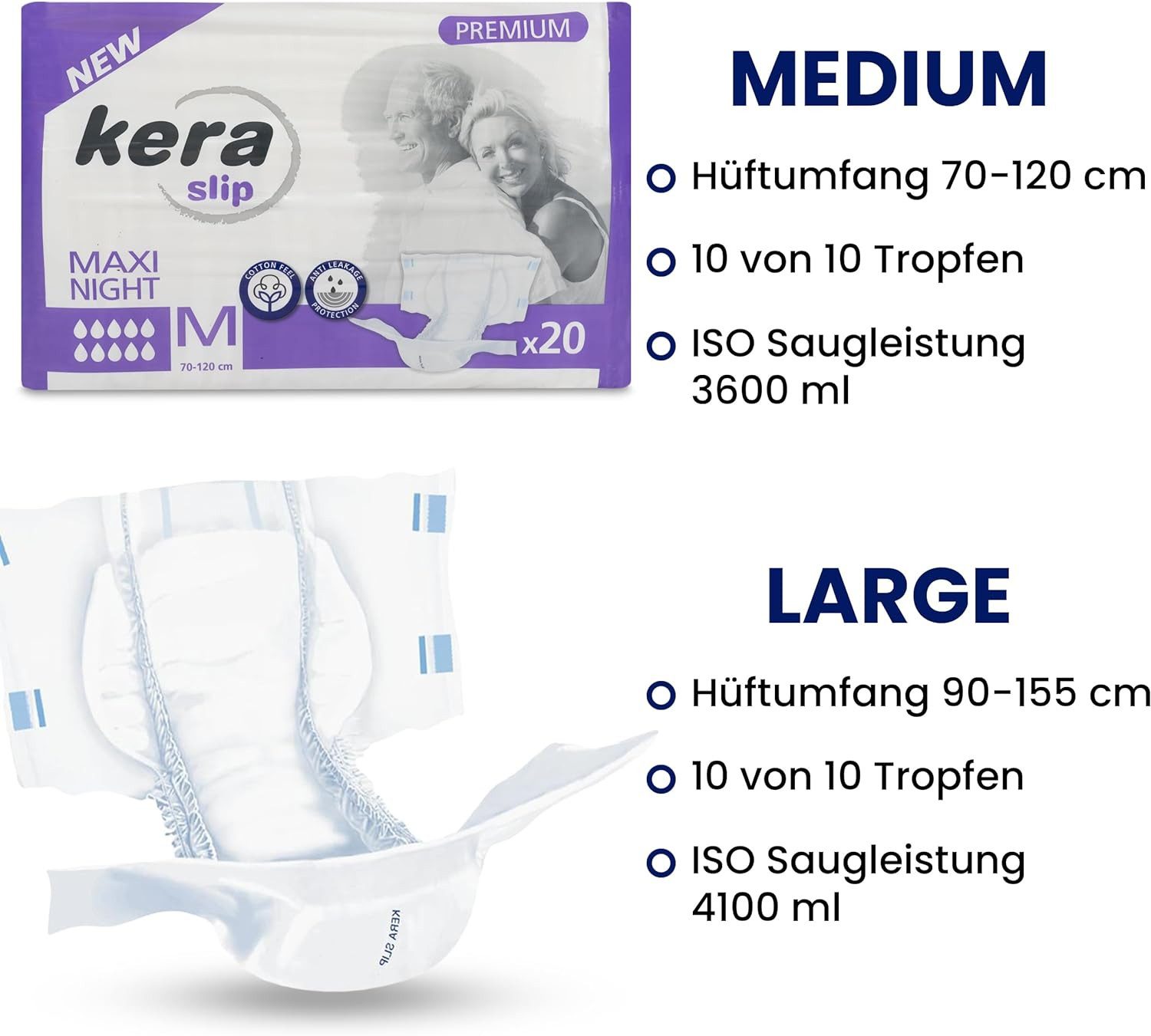 Kera Windeln Inkontinenz Slip MAXI NIGHT PREMIUM saugstarke Windeln für Erwachsene (mit doppeltem AUSLAUFSCHUTZ, 20-St., Atmungsaktive Erwachsenen Windel Cotton Feel), für den nächtlichen Gebrauch