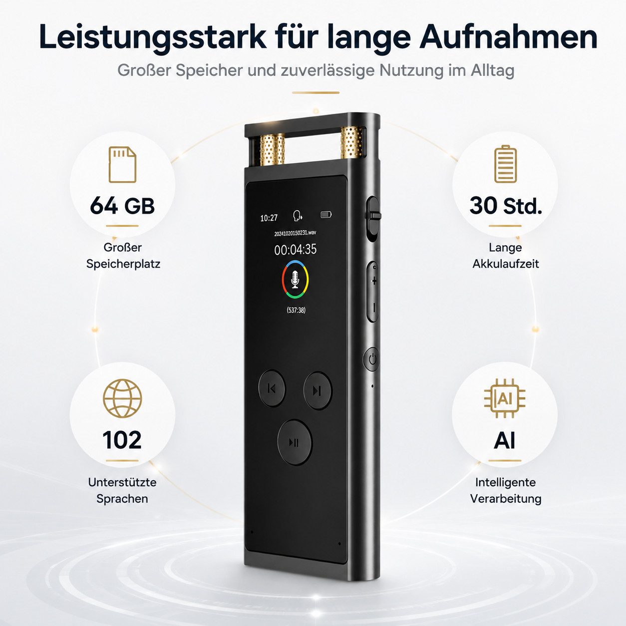 XEOOCE KI Diktiergerät 64GB - AI Transkription Sprachaufnahme App Digitales Aufnahmegerät – Bild 4 von 5