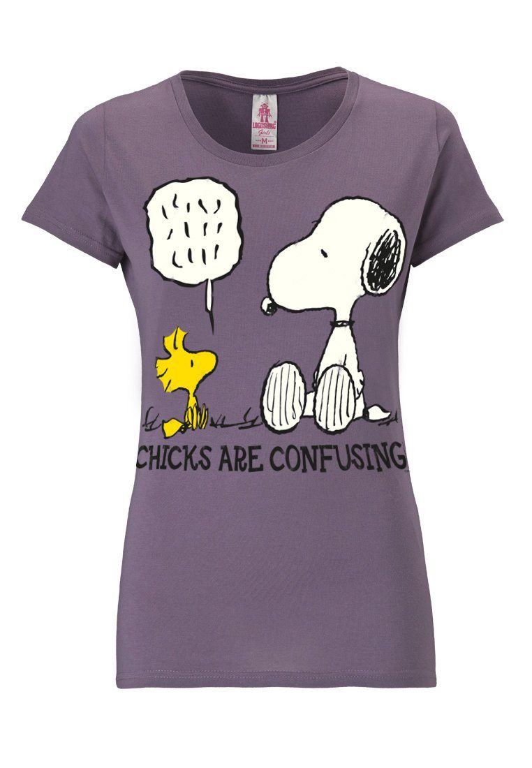 Frontprint lila Snoopy Peanuts - T-Shirt mit LOGOSHIRT niedlichem