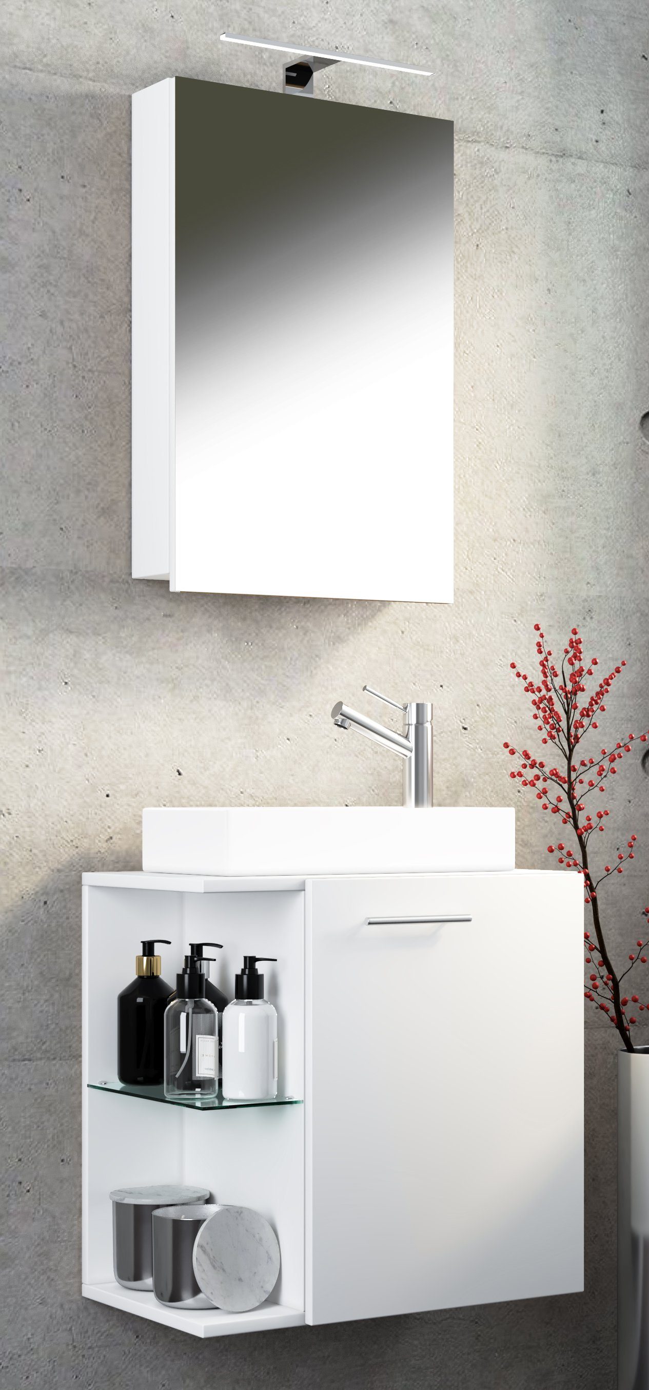 VCM Badmöbel-Set 3 teilig Badmöbel Gäste WC Waschtisch Hausa, (Komplett-Set, 3-St., 1x Unterschrank 1x Waschbecken 1x Spiegelschrank)