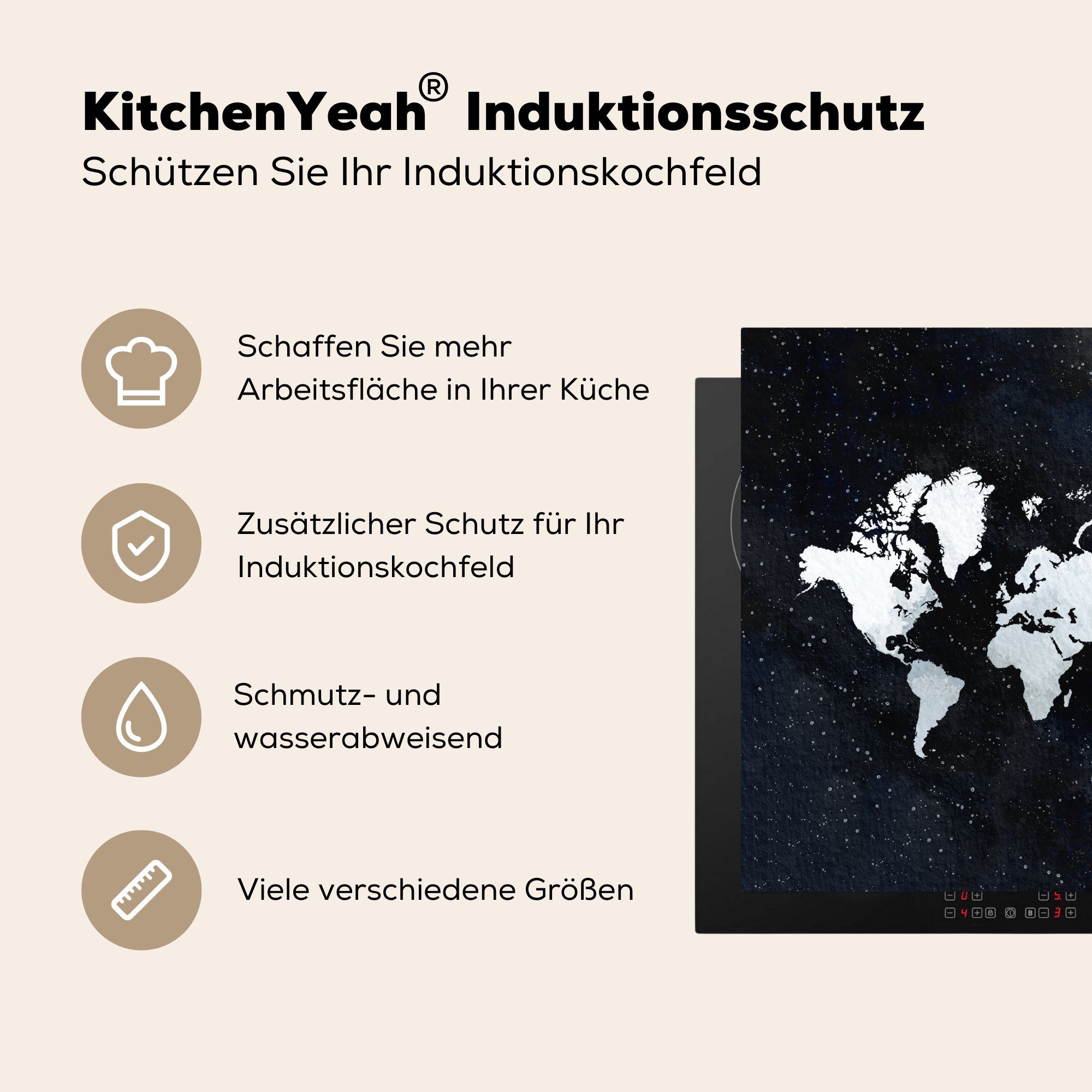 MuchoWow Herdblende-/Abdeckplatte Weltkarte - Sternenhimmel Arbeitsplatte Ceranfeldabdeckung, cm, (1 78x78 für küche - Weiß, tlg), Vinyl