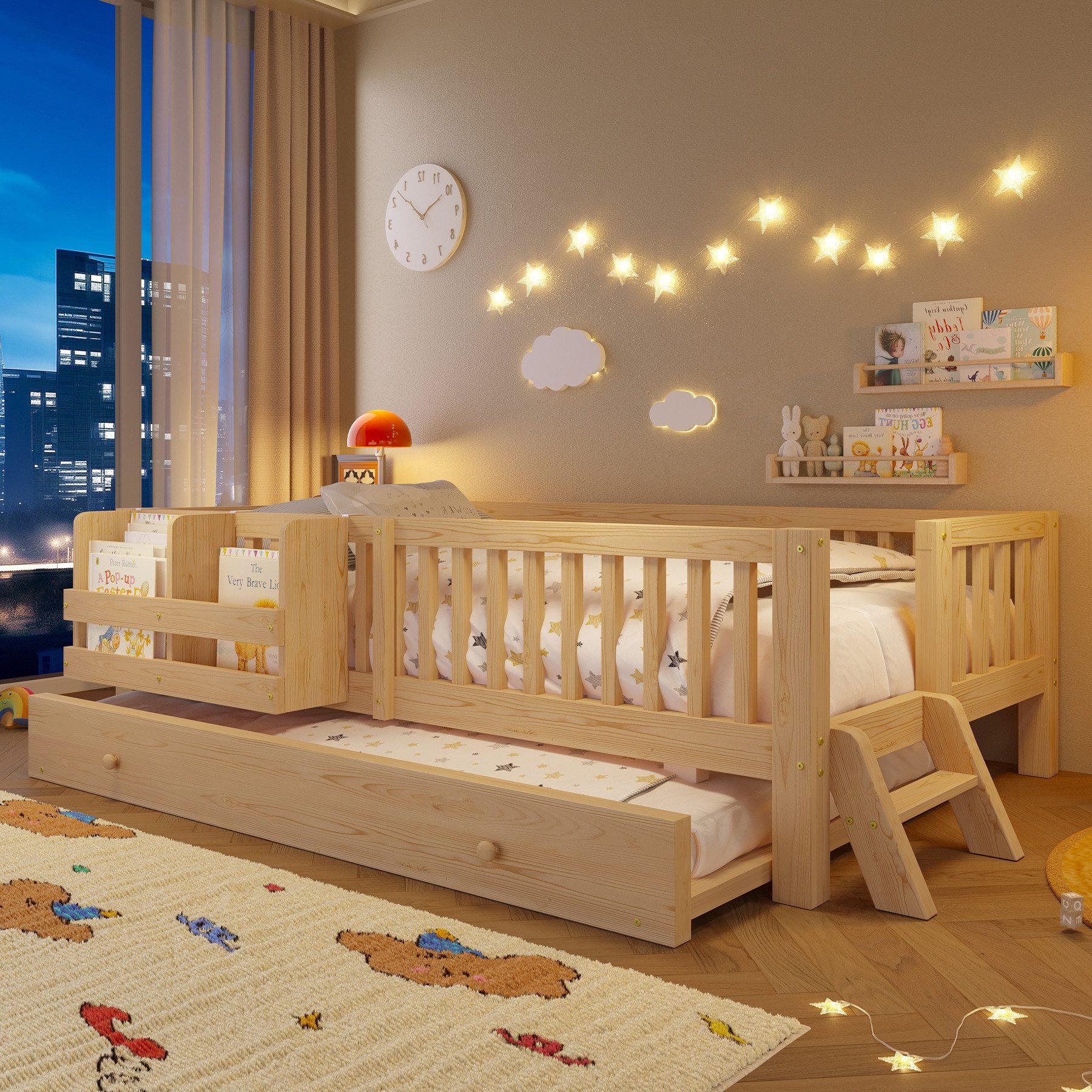 Flieks Massivholzbett, Kinderbett 90x200cm mit Ausziehbett 90x190cm, Ablagefächer, Geländer